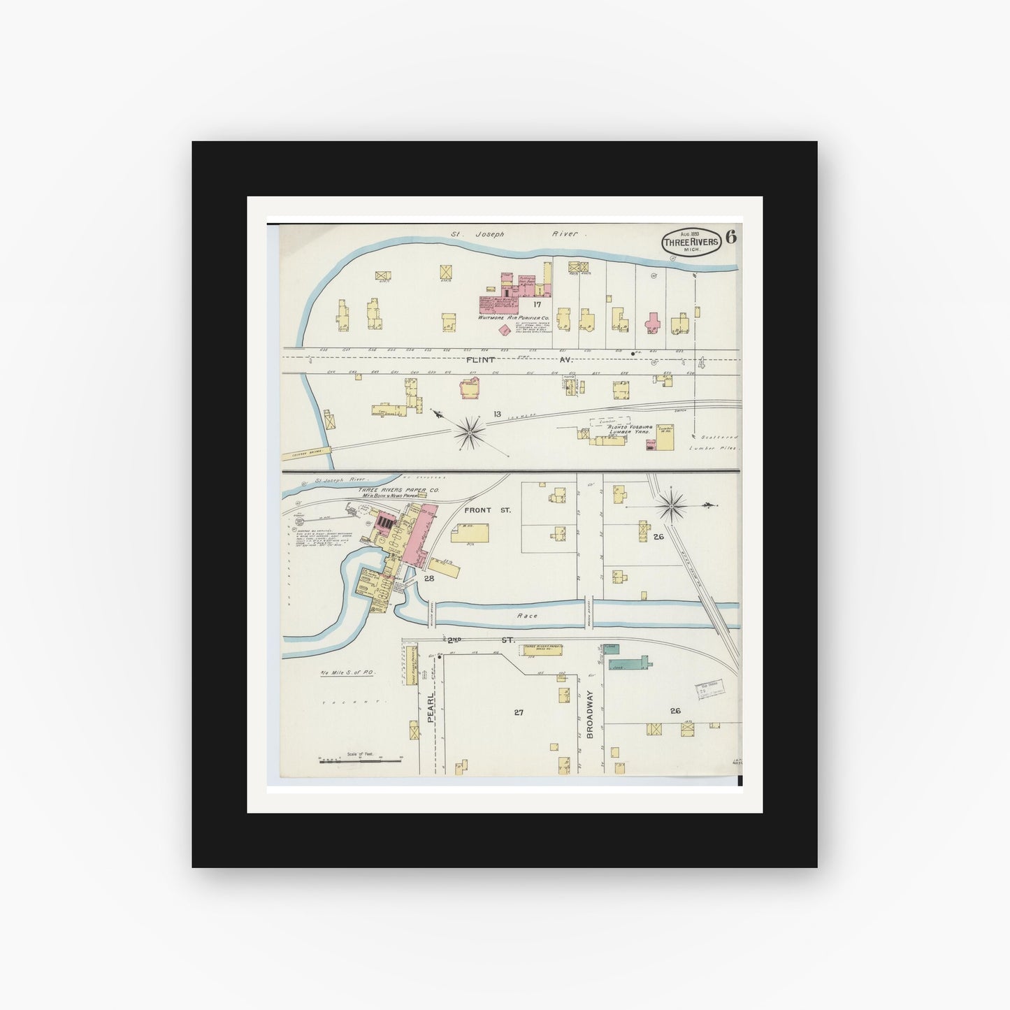Old map wall art mockup — black gallery frame with white mat — Sanborn Fire Insurance Map from Three Rivers, Saint Joseph County, Michigan (1893), Sheet #0006