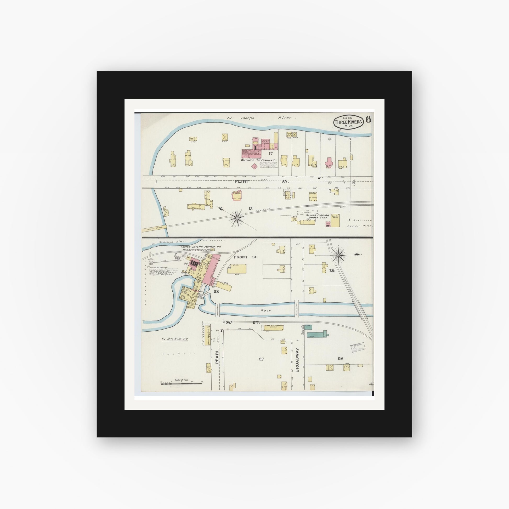 Old map wall art mockup — black gallery frame with white mat — Sanborn Fire Insurance Map from Three Rivers, Saint Joseph County, Michigan (1893), Sheet #0006