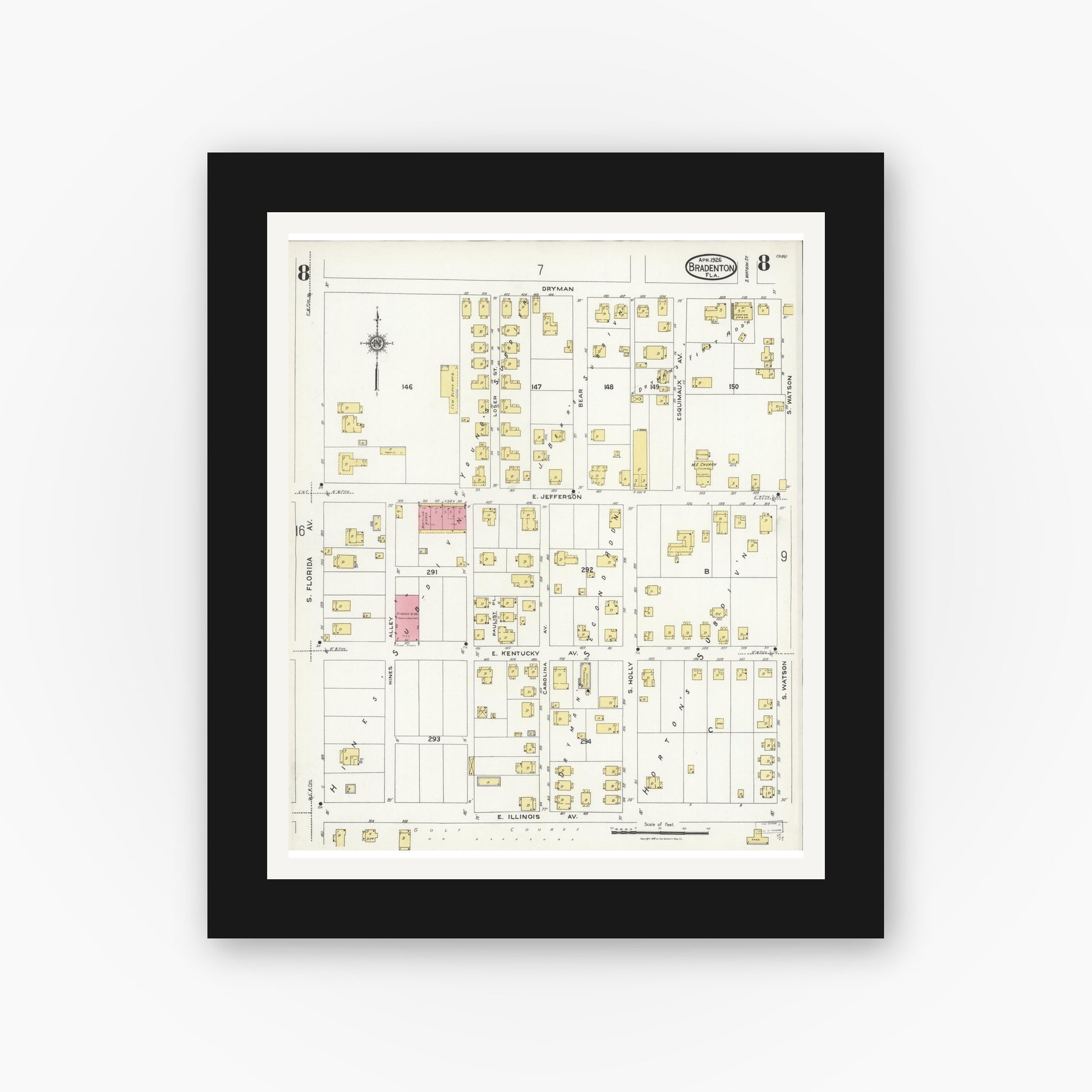 Old map wall art mockup — black gallery frame with white mat — Sanborn Fire Insurance Map from Bradentown, Manatee County, Florida (1926), Sheet #0008