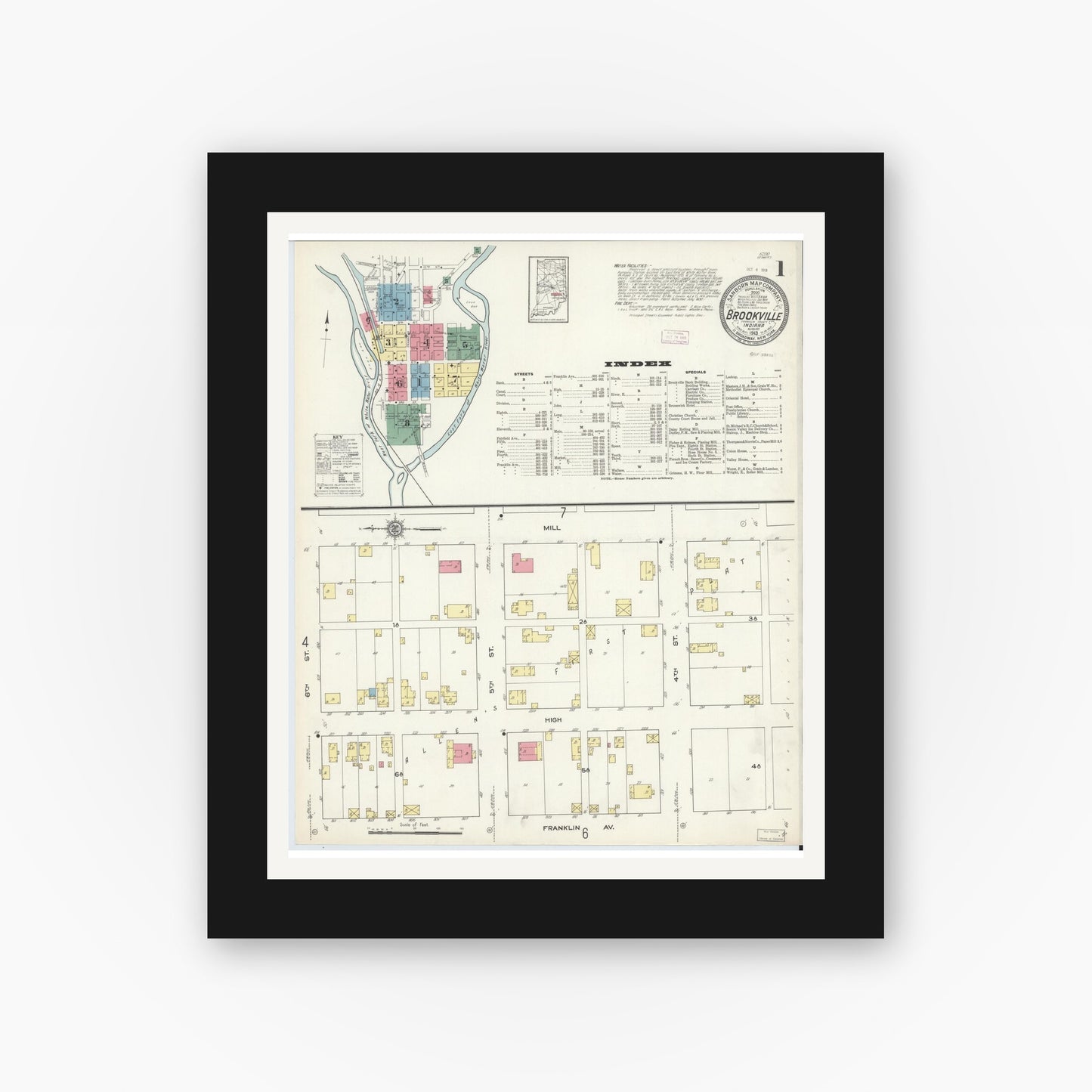 Old map wall art mockup — black gallery frame with white mat — Sanborn Fire Insurance Map from Brookville, Franklin County, Indiana (1913) - Complete Map Set