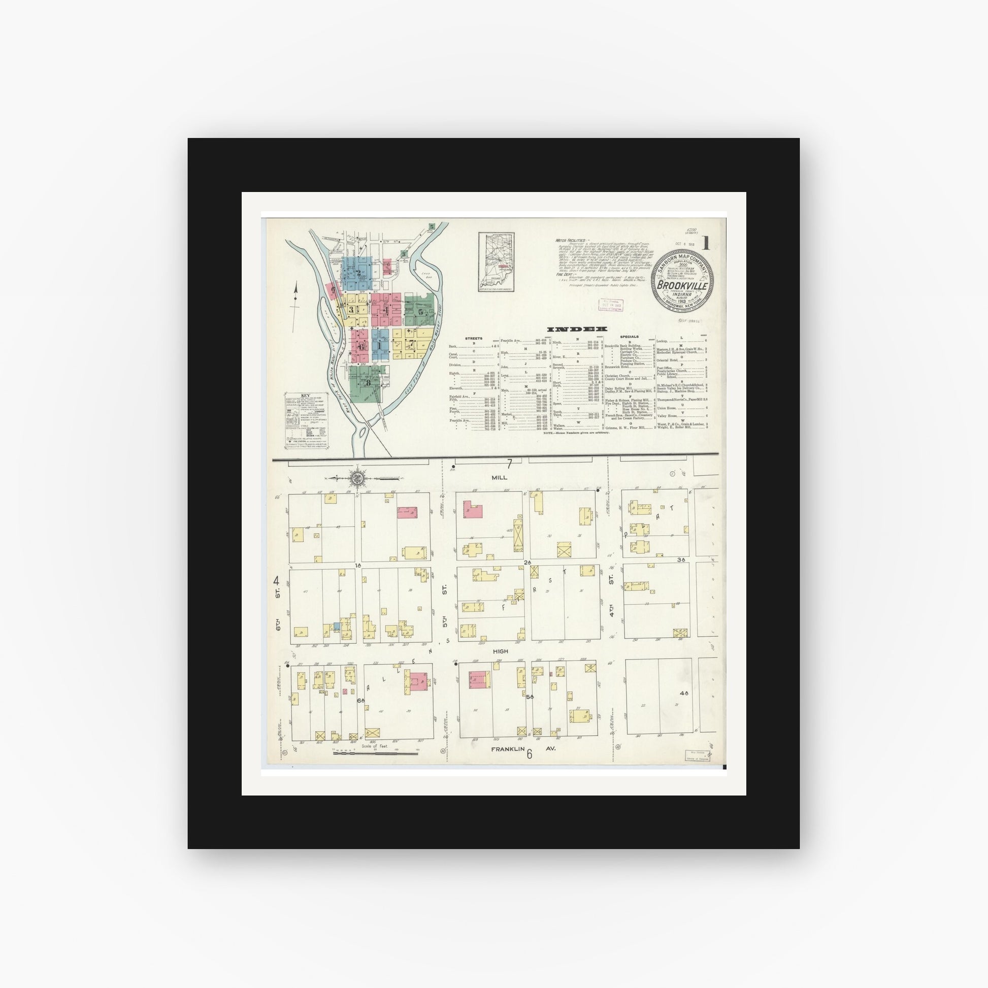 Old map wall art mockup — black gallery frame with white mat — Sanborn Fire Insurance Map from Brookville, Franklin County, Indiana (1913) - Complete Map Set