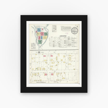 Old map wall art mockup — black gallery frame with white mat — Sanborn Fire Insurance Map from Brookville, Franklin County, Indiana (1913) - Complete Map Set