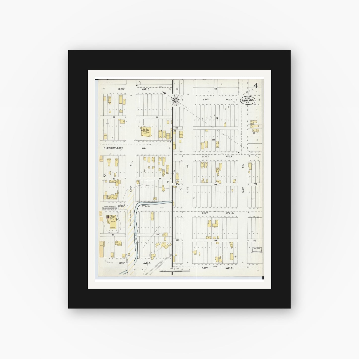Old map wall art mockup — black gallery frame with white mat — Sanborn Fire Insurance Map from Ashland, Ashland County, Wisconsin (1901), Sheet #0004