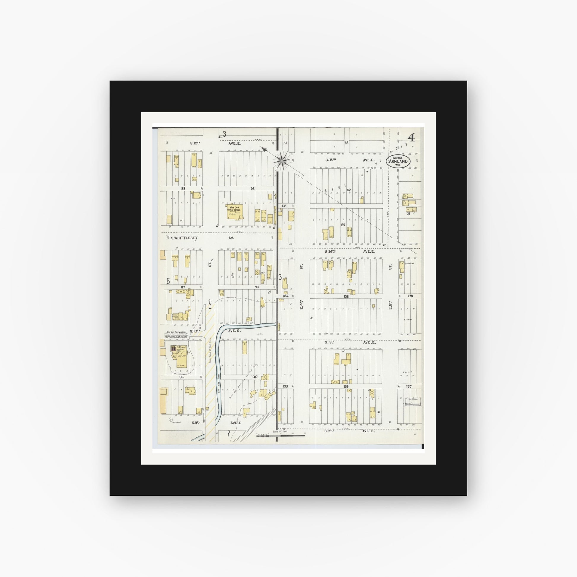 Old map wall art mockup — black gallery frame with white mat — Sanborn Fire Insurance Map from Ashland, Ashland County, Wisconsin (1901), Sheet #0004