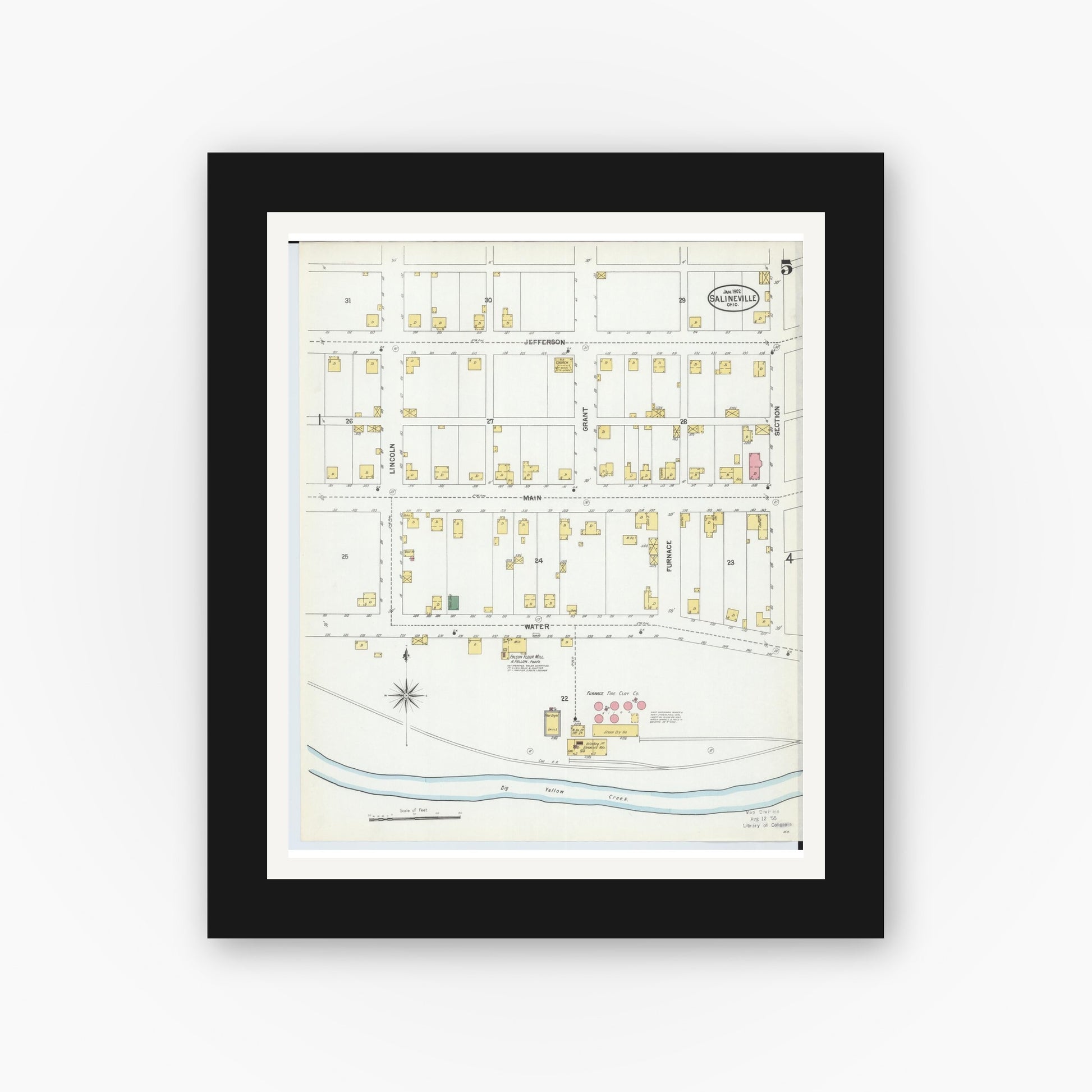 Old map wall art mockup — black gallery frame with white mat — Sanborn Fire Insurance Map from Salineville, Columbiana County, Ohio (1902), Sheet #0005