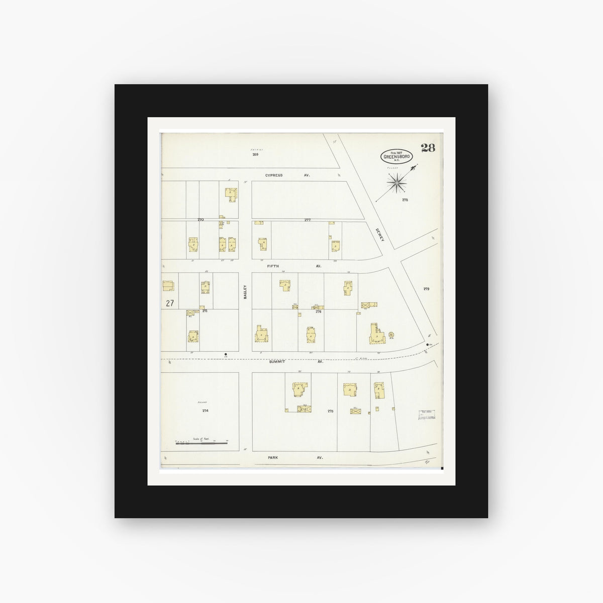 Old map wall art mockup — black gallery frame with white mat — Sanborn Fire Insurance Map from Greensboro, Guilford County, North Carolina (1907), Sheet #0028