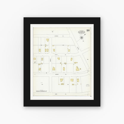 Old map wall art mockup — black gallery frame with white mat — Sanborn Fire Insurance Map from Greensboro, Guilford County, North Carolina (1907), Sheet #0028