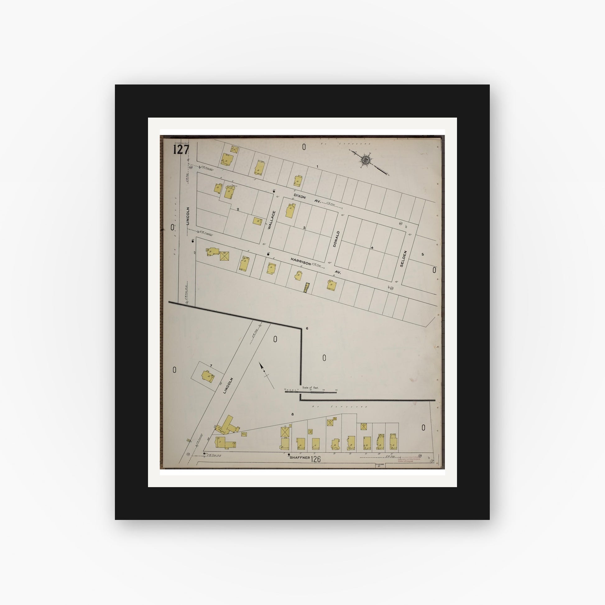 Old map wall art mockup — black gallery frame with white mat — Sanborn Fire Insurance Map from Worcester, Worcester County, Massachusetts (1910), Sheet #0127