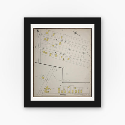Old map wall art mockup — black gallery frame with white mat — Sanborn Fire Insurance Map from Worcester, Worcester County, Massachusetts (1910), Sheet #0127