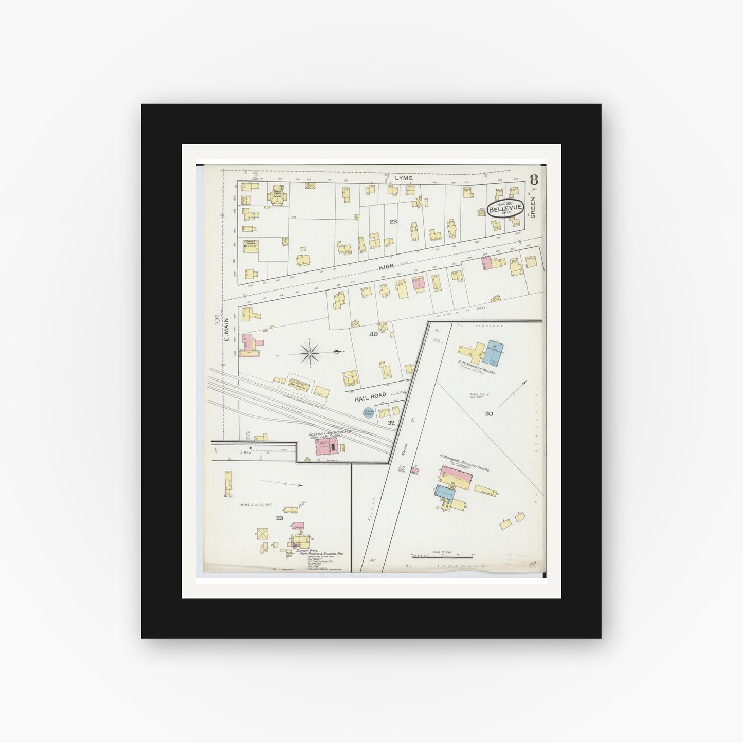 Old map wall art mockup — black gallery frame with white mat — Sanborn Fire Insurance Map from Bellevue, Huron And Sandusky County, Ohio (1893), Sheet #0008