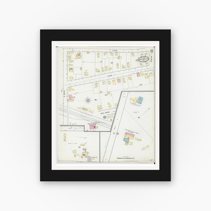 Old map wall art mockup — black gallery frame with white mat — Sanborn Fire Insurance Map from Bellevue, Huron And Sandusky County, Ohio (1893), Sheet #0008