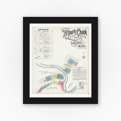 Old map wall art mockup — black gallery frame with white mat — Sanborn Fire Insurance Map from Mauch Chunk, Carbon County, Pennsylvania (1896), Sheet #0001