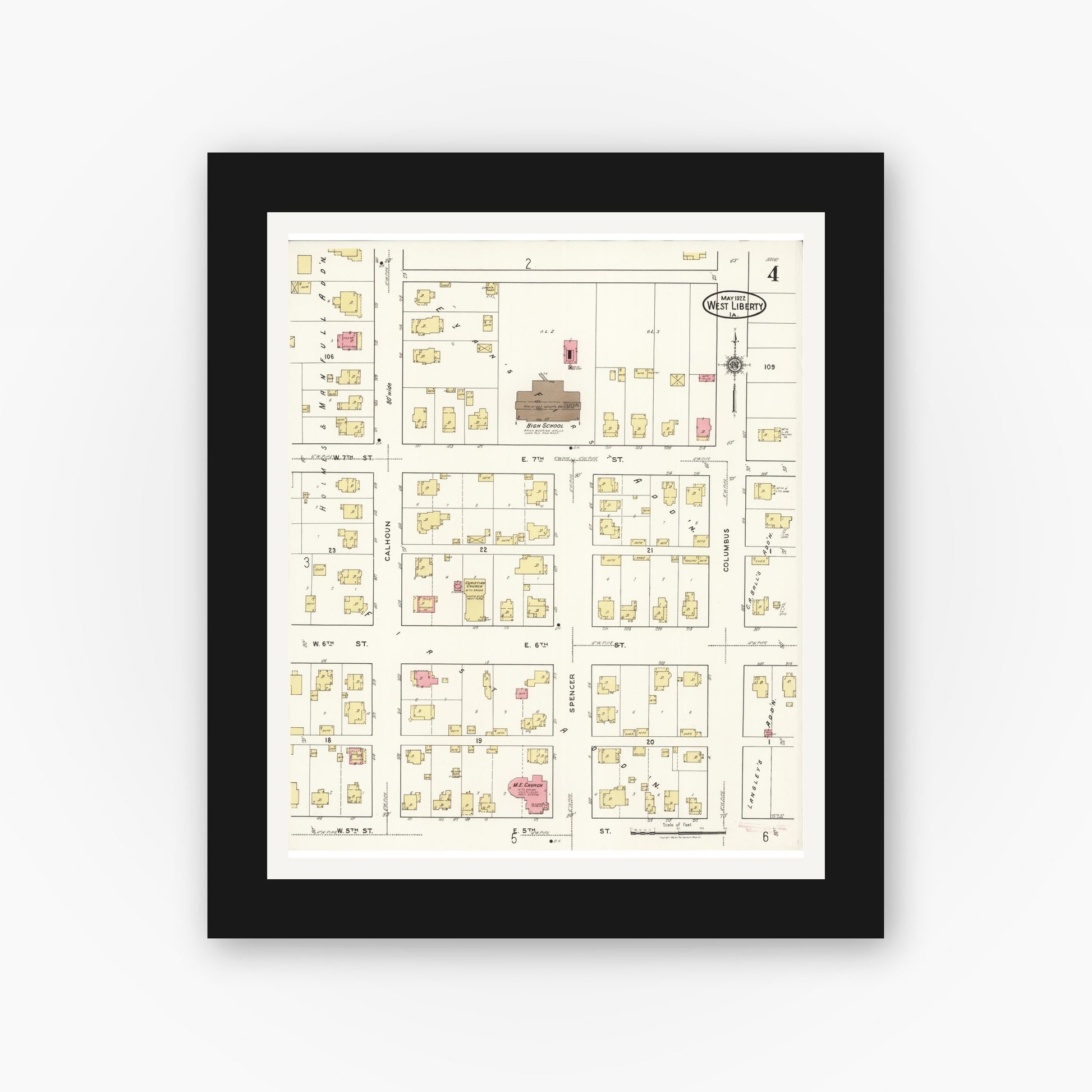 Old map wall art mockup — black gallery frame with white mat — Sanborn Fire Insurance Map from West Liberty, Muscatine County, Iowa (1922), Sheet #0004