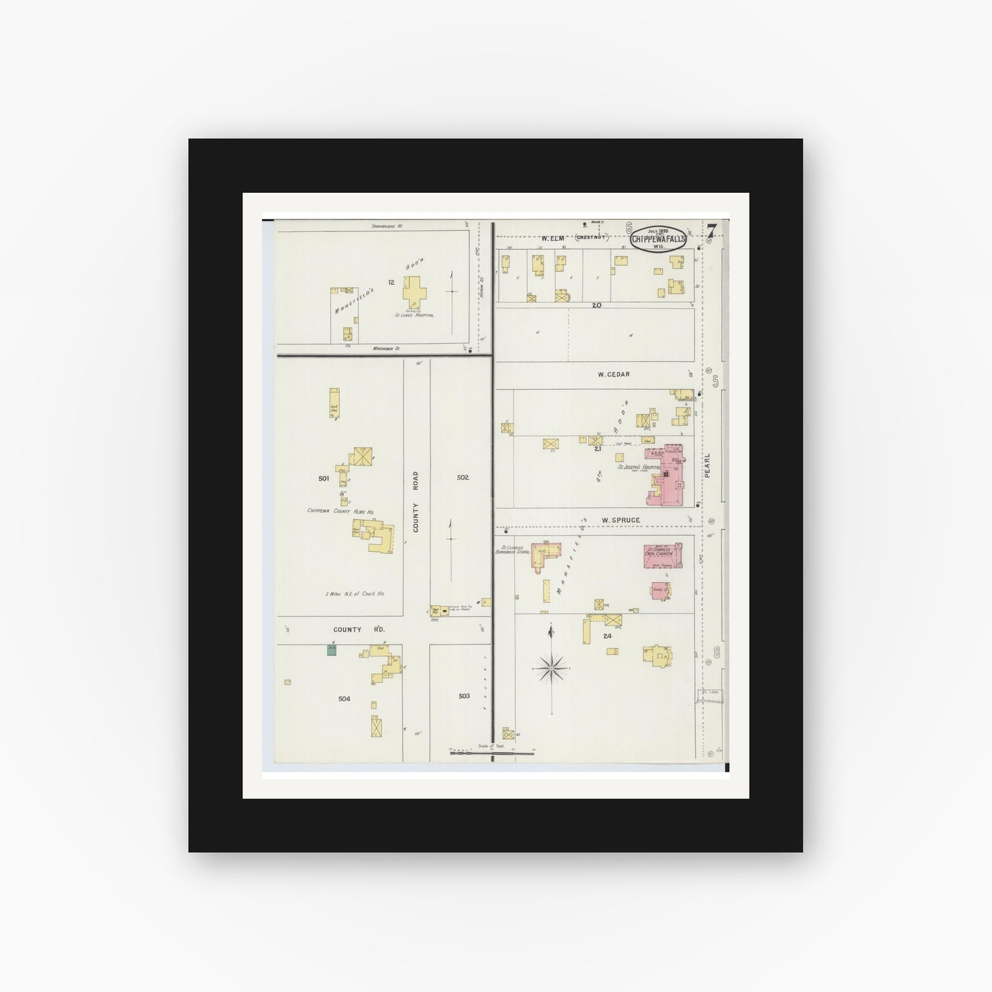 Old map wall art mockup — black gallery frame with white mat — Sanborn Fire Insurance Map from Chippewa Falls, Chippewa County, Wisconsin (1895), Sheet #0007