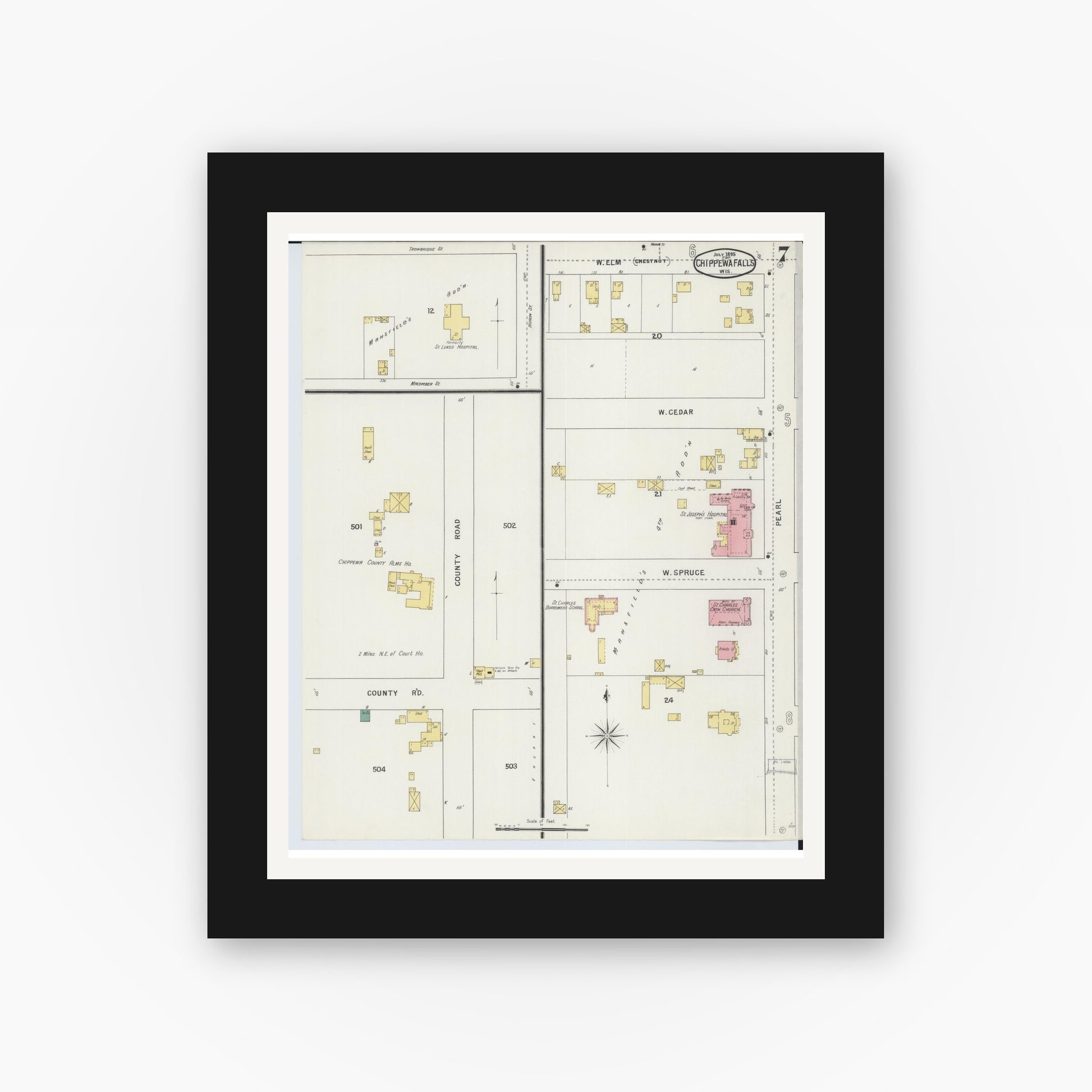 Old map wall art mockup — black gallery frame with white mat — Sanborn Fire Insurance Map from Chippewa Falls, Chippewa County, Wisconsin (1895), Sheet #0007
