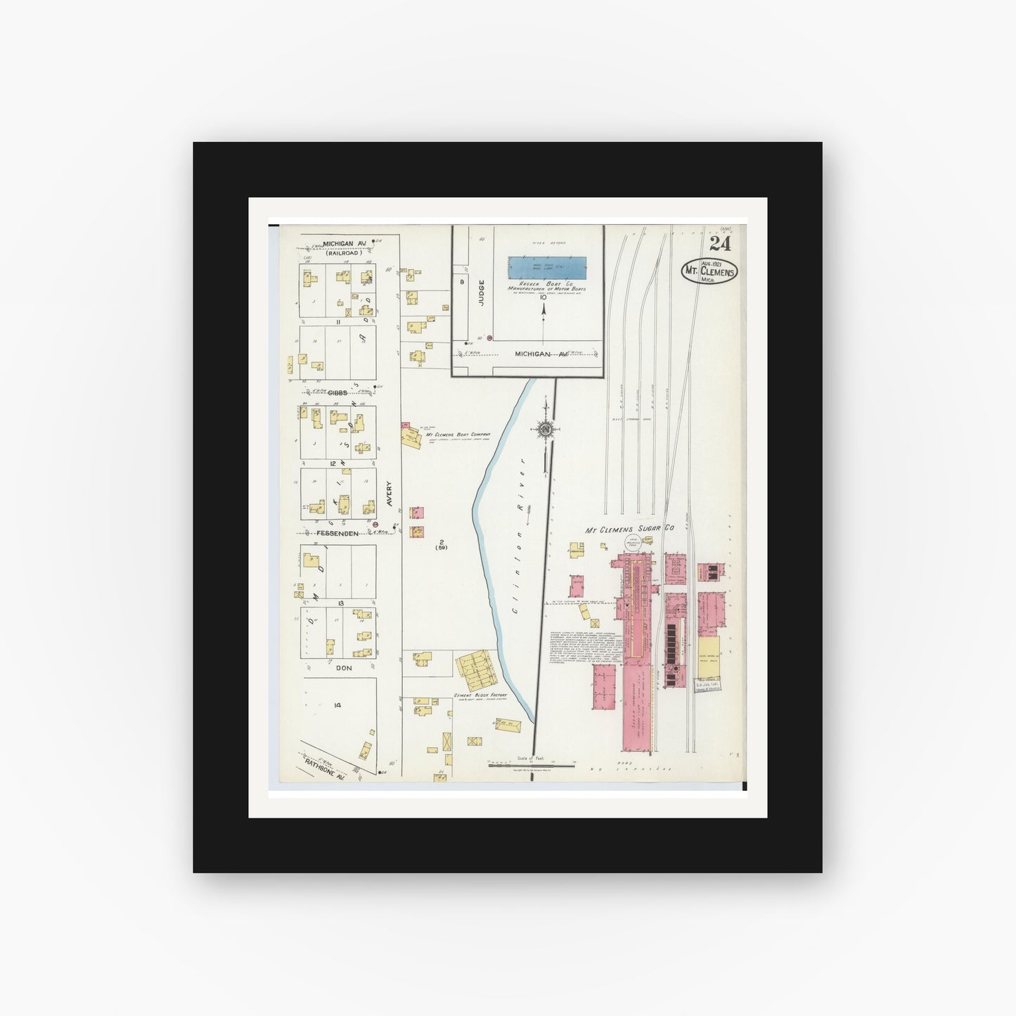 Old map wall art mockup — black gallery frame with white mat — Sanborn Fire Insurance Map from Mount Clemens, Macomb County, Michigan (1921), Sheet #0024