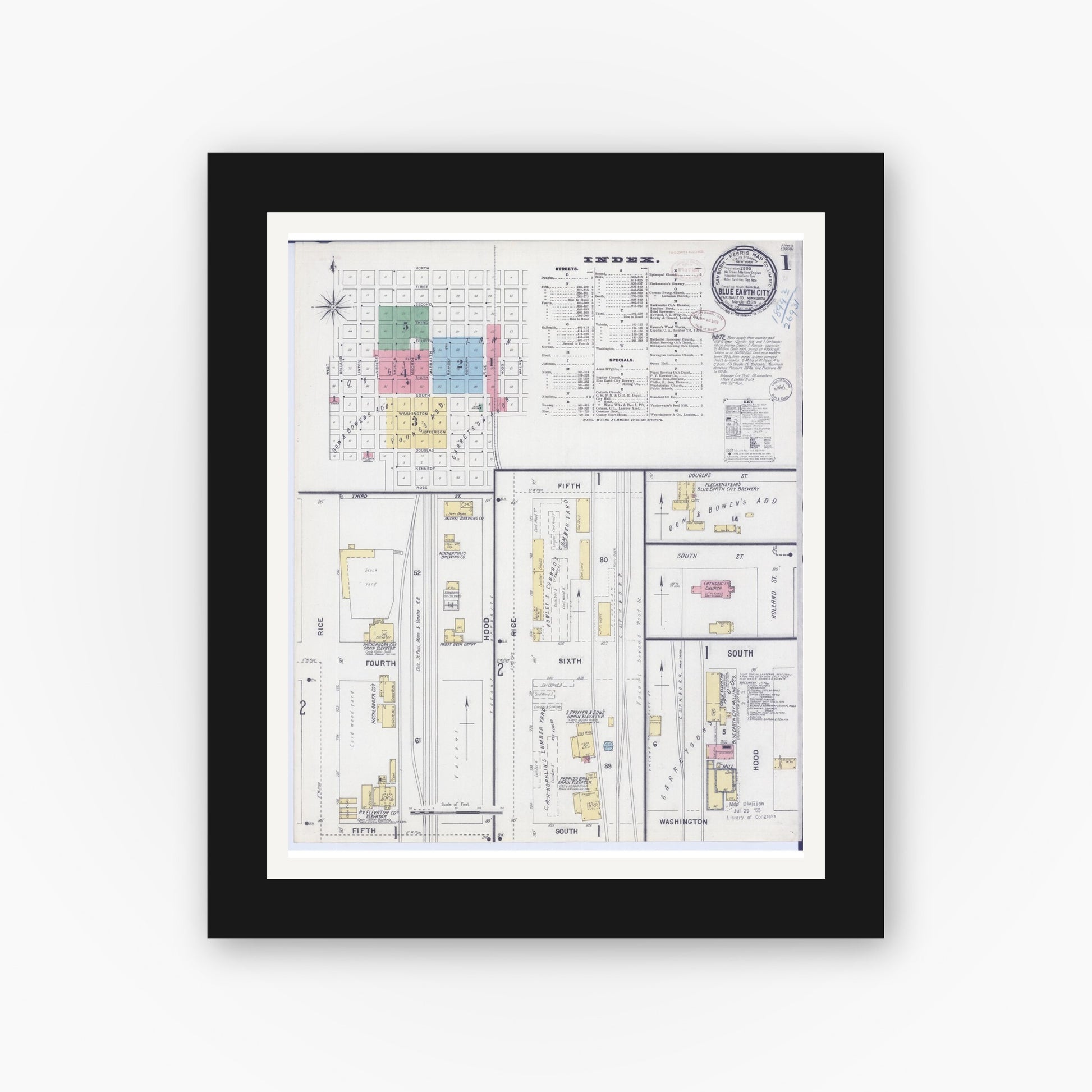 Old map wall art mockup — black gallery frame with white mat — Sanborn Fire Insurance Map from Blue Earth, Faribault County, Minnesota (1899), Sheet #0001
