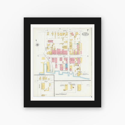 Old map wall art mockup — black gallery frame with white mat — Sanborn Fire Insurance Map from Washington, Beaufort County, North Carolina (1904), Sheet #0007