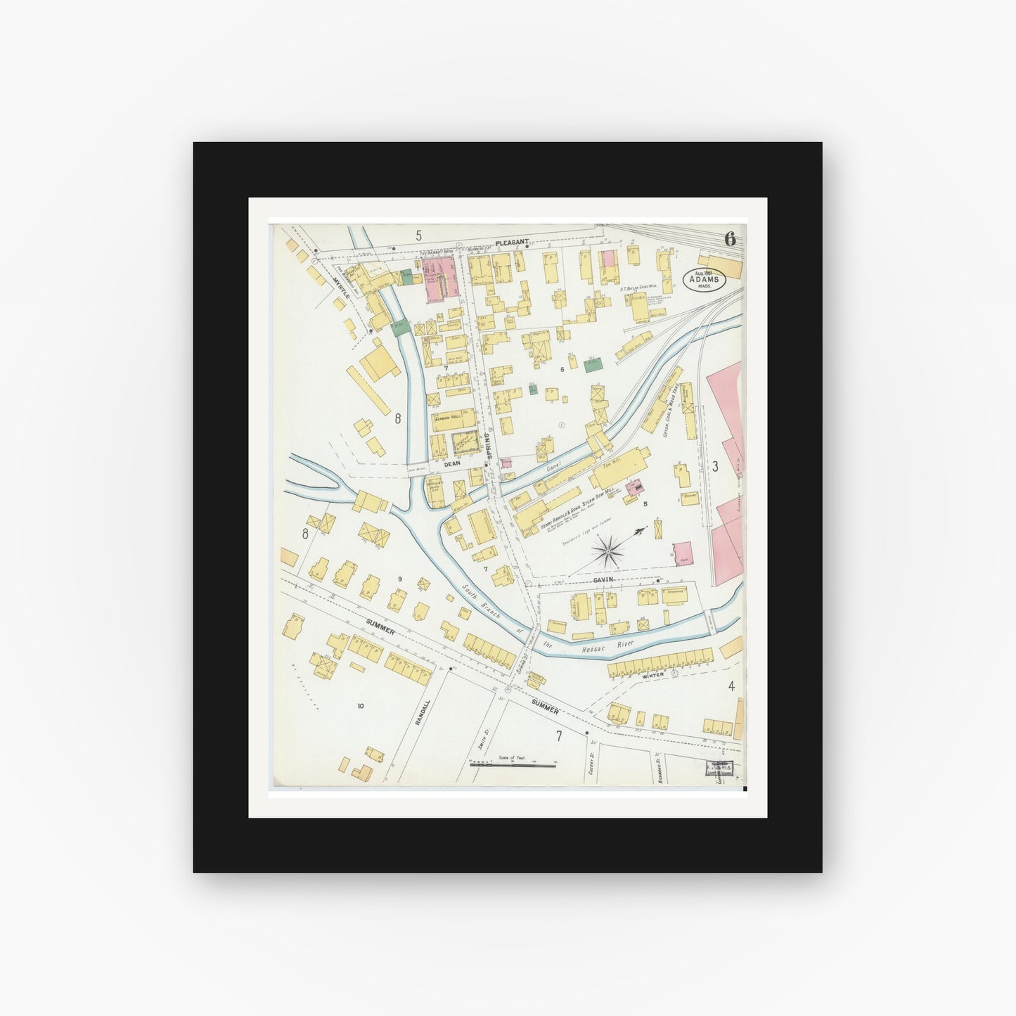 Old map wall art mockup — black gallery frame with white mat — Sanborn Fire Insurance Map from Adams, Berkshire County, Massachusetts (1901), Sheet #0006