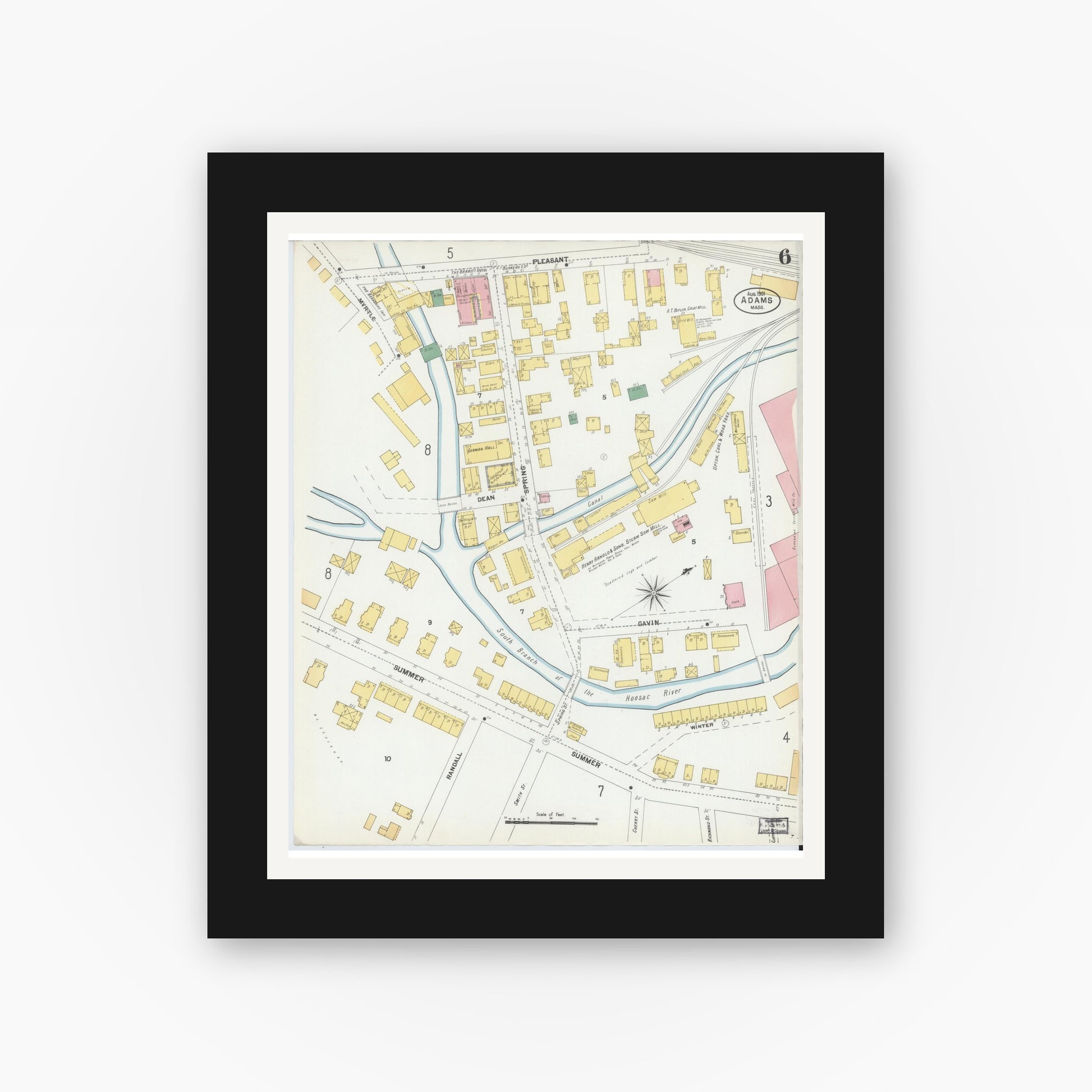Old map wall art mockup — black gallery frame with white mat — Sanborn Fire Insurance Map from Adams, Berkshire County, Massachusetts (1901), Sheet #0006