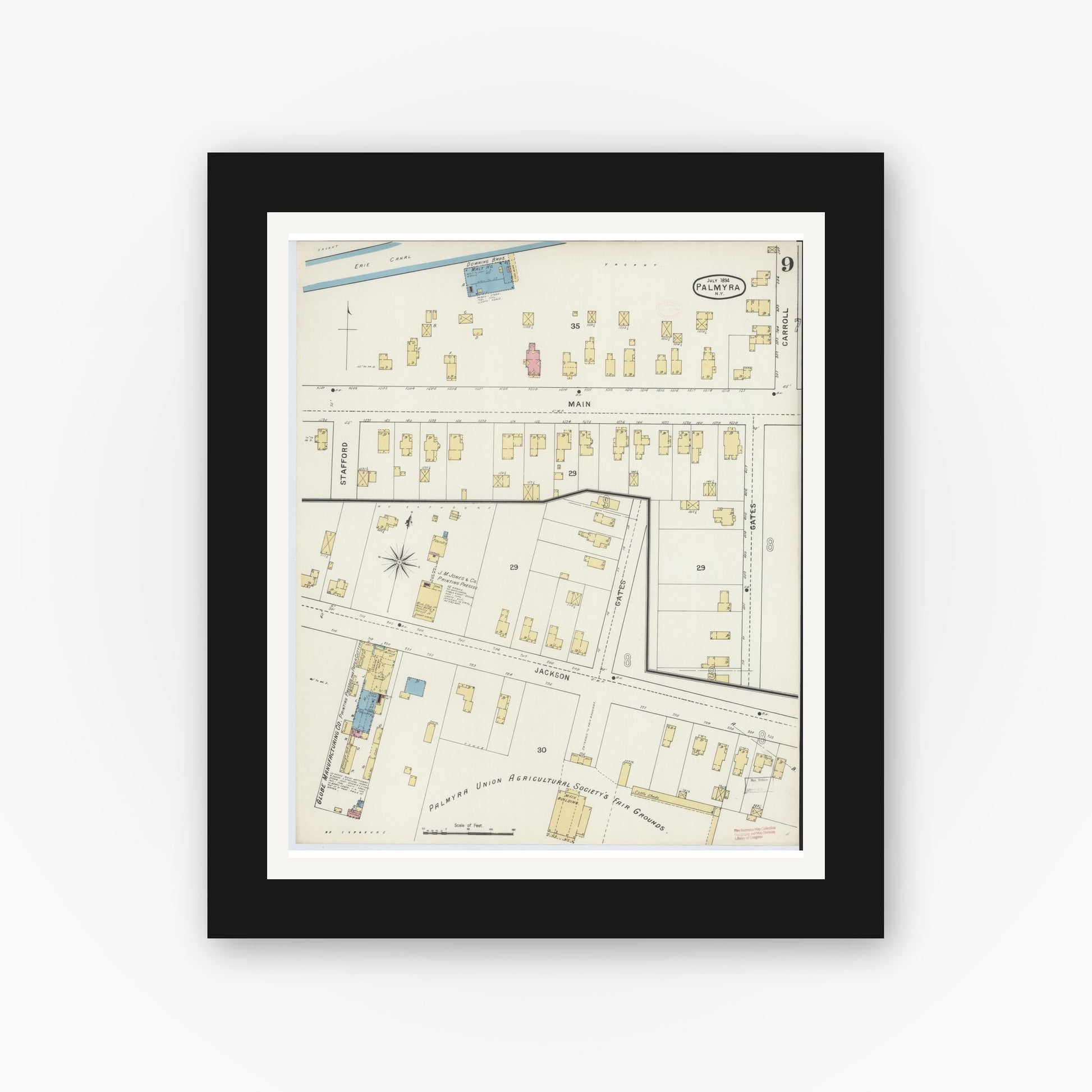 Old map wall art mockup — black gallery frame with white mat — Sanborn Fire Insurance Map from Palmyra, Wayne County, New York (1894), Sheet #0009