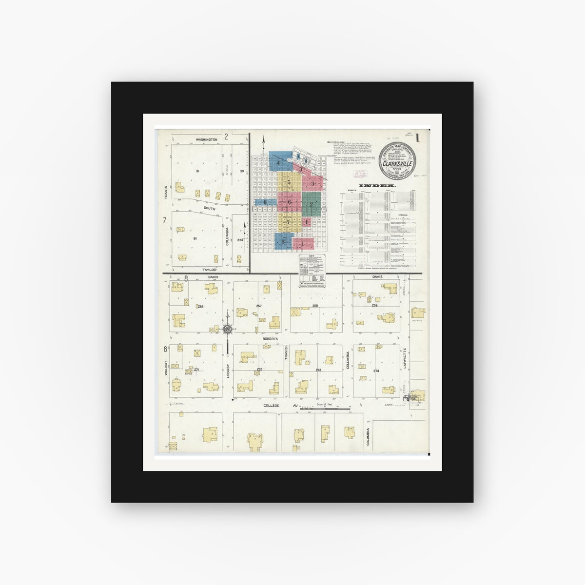 Old map wall art mockup — black gallery frame with white mat — Sanborn Fire Insurance Map from Clarksville, Red River County, Texas (1911) - Complete Map Set