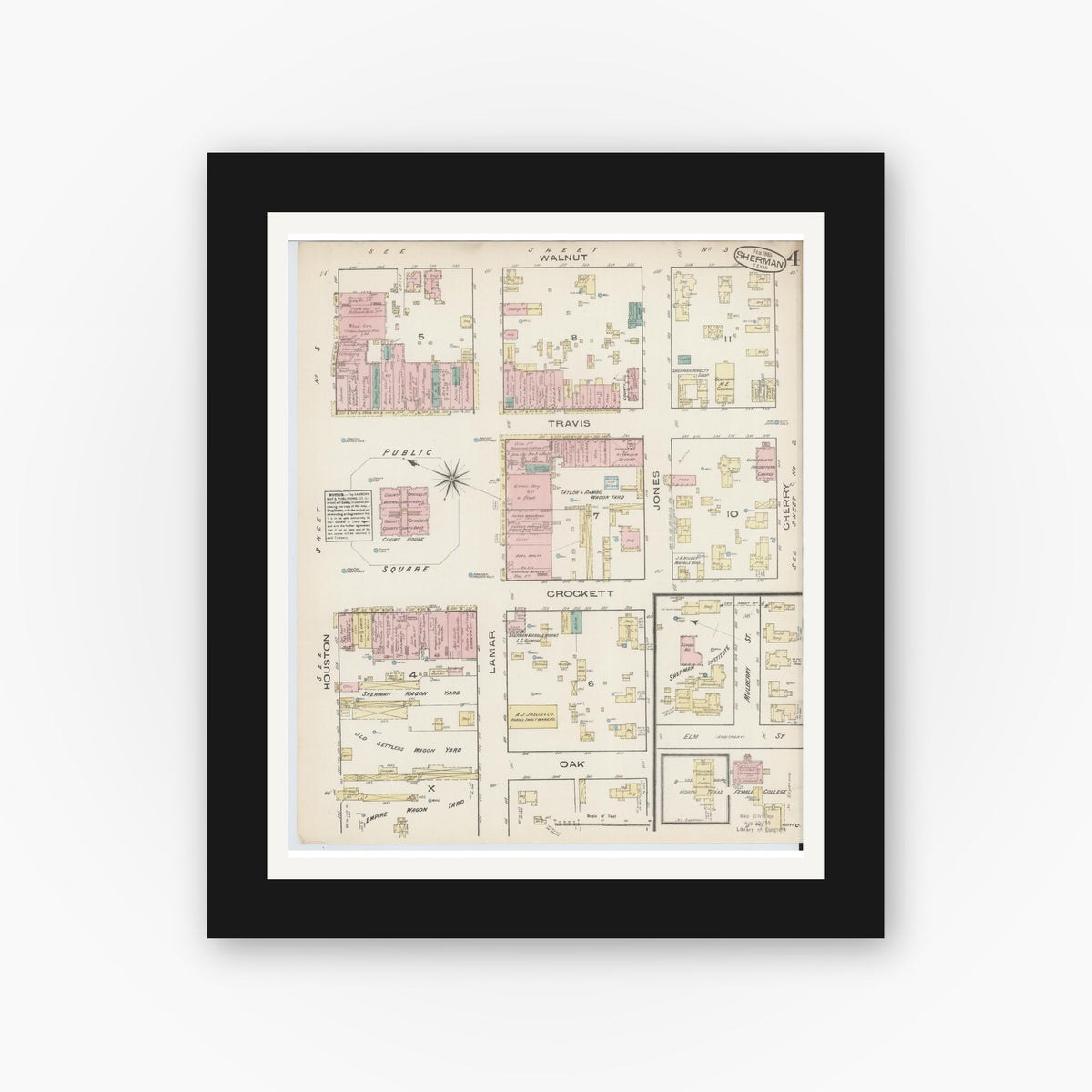 Old map wall art mockup — black gallery frame with white mat — Sanborn Fire Insurance Map from Sherman, Grayson County, Texas (1885), Sheet #0004