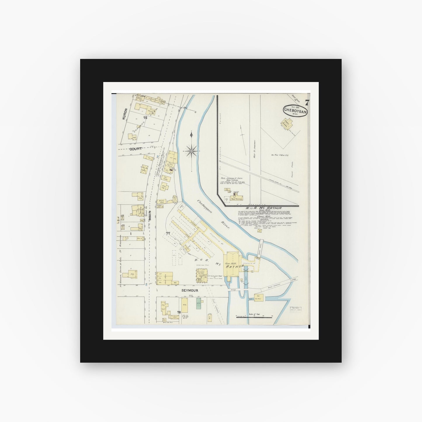 Old map wall art mockup — black gallery frame with white mat — Sanborn Fire Insurance Map from Cheboygan, Cheboygan County, Michigan (1890), Sheet #0007