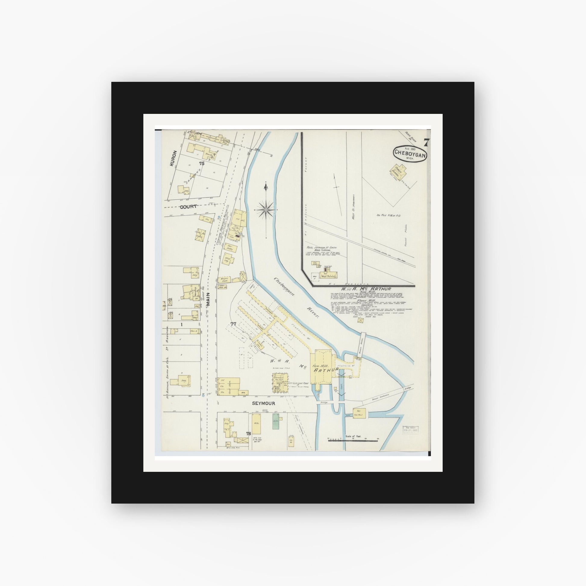 Old map wall art mockup — black gallery frame with white mat — Sanborn Fire Insurance Map from Cheboygan, Cheboygan County, Michigan (1890), Sheet #0007