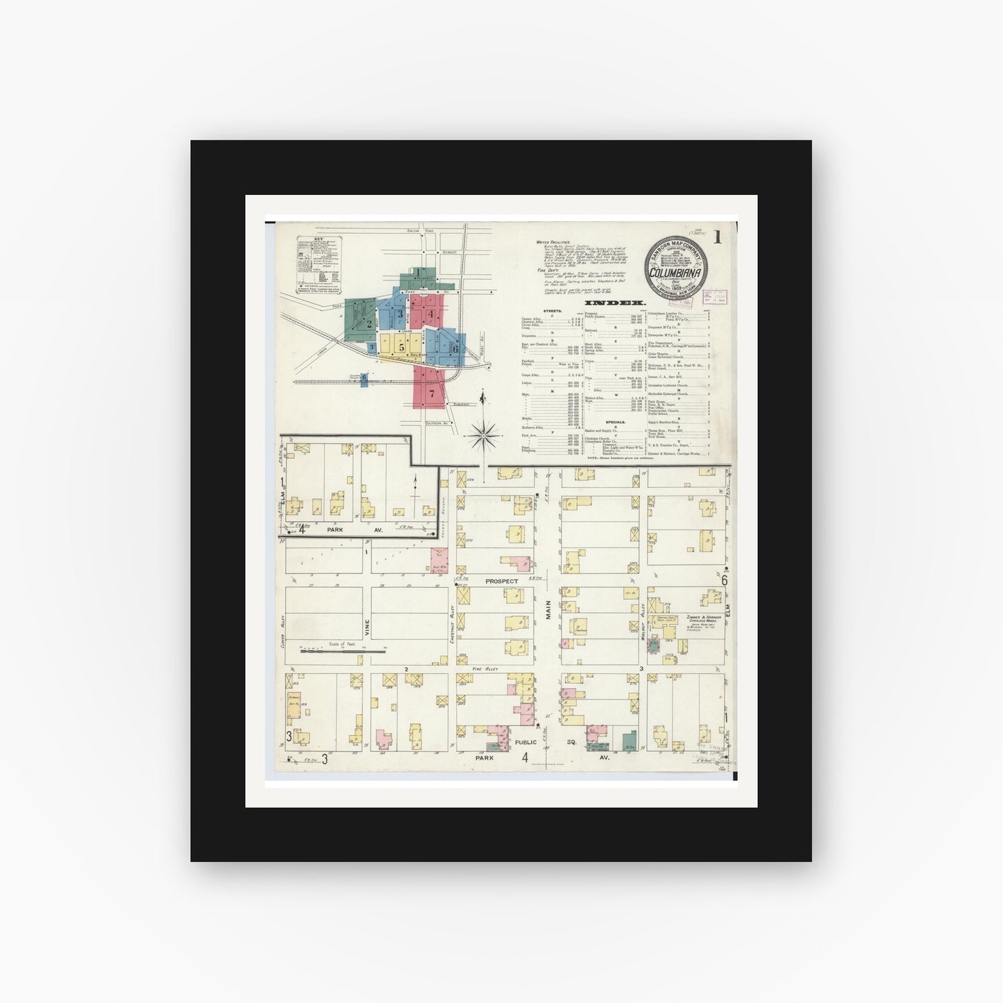 Old map wall art mockup — black gallery frame with white mat — Sanborn Fire Insurance Map from Columbiana, Columbiana County, Ohio (1909), Sheet #0001