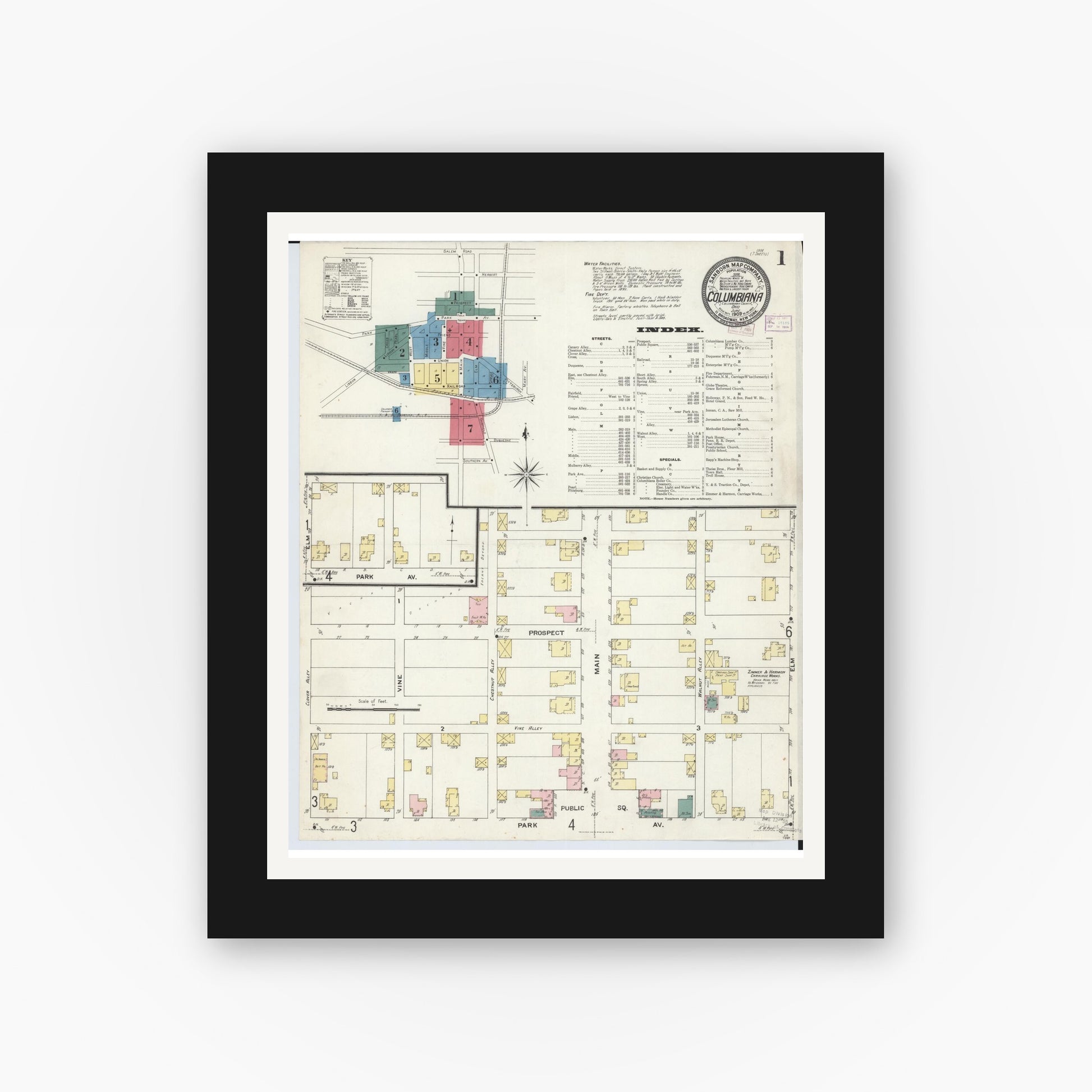 Old map wall art mockup — black gallery frame with white mat — Sanborn Fire Insurance Map from Columbiana, Columbiana County, Ohio (1909), Sheet #0001