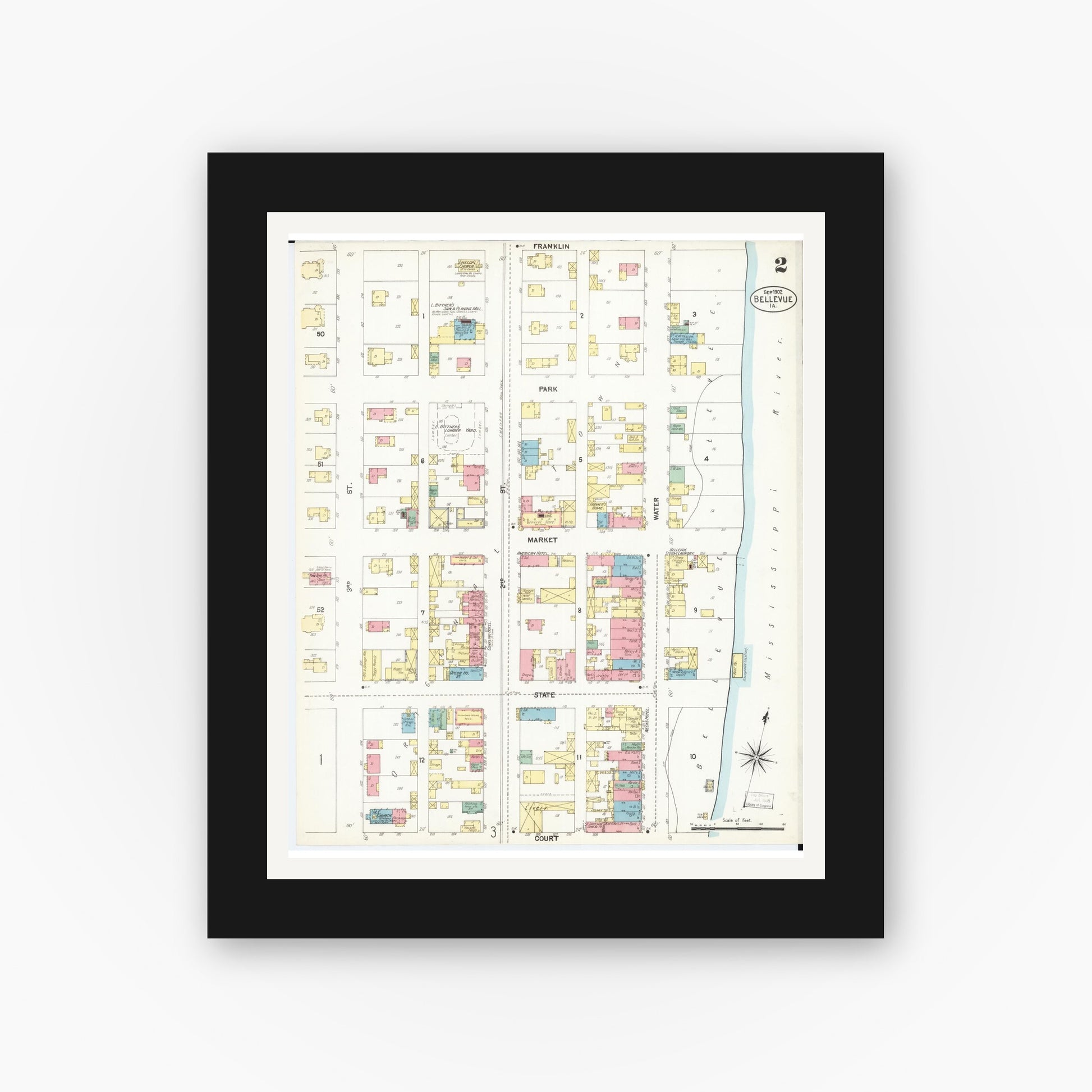 Old map wall art mockup — black gallery frame with white mat — Sanborn Fire Insurance Map from Bellevue, Jackson County, Iowa (1902), Sheet #0002