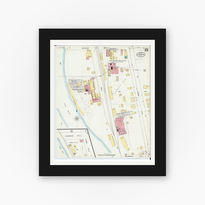 Old map wall art mockup — black gallery frame with white mat — Sanborn Fire Insurance Map from Lansing, Ingham County, Michigan (1898), Sheet #0015