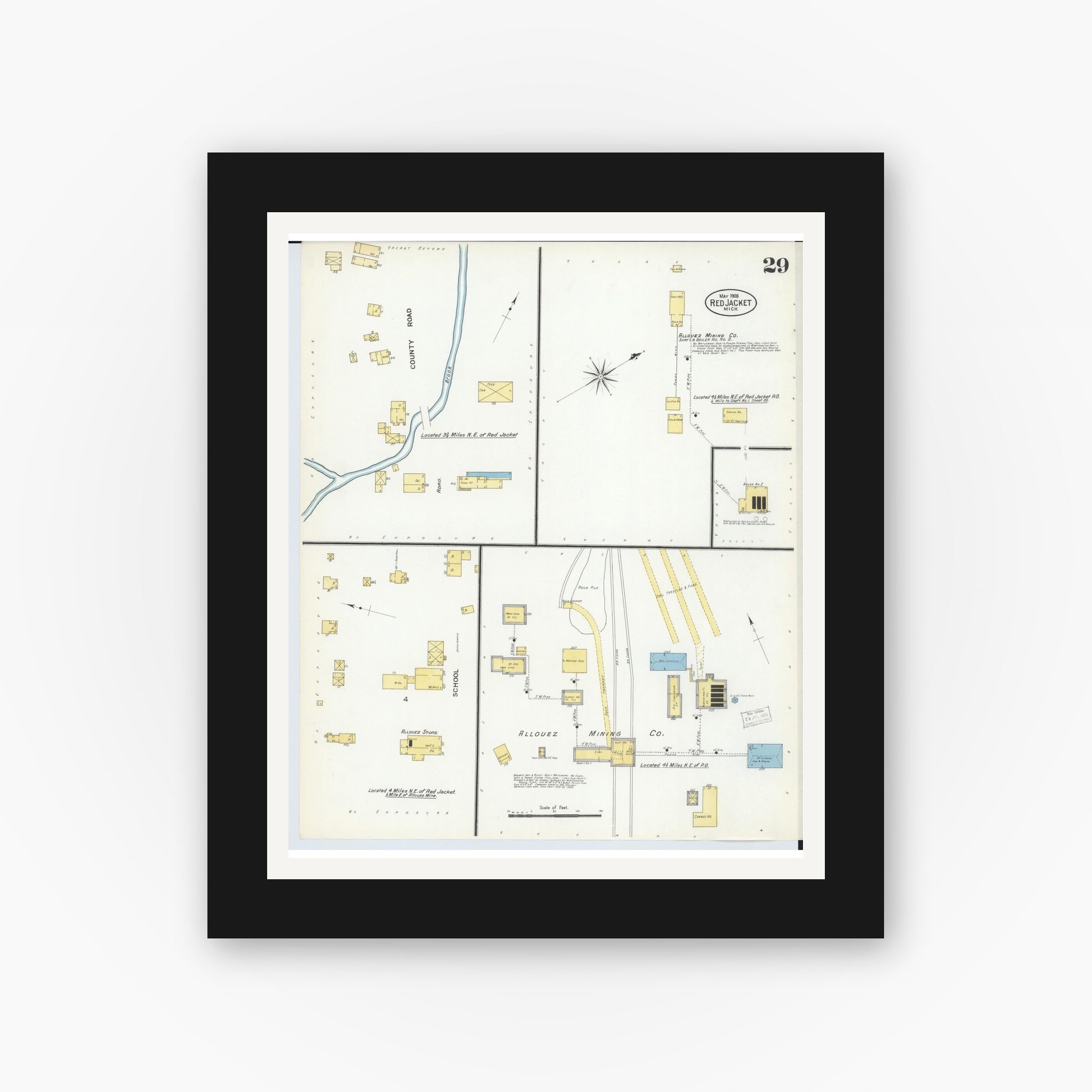 Old map wall art mockup — black gallery frame with white mat — Sanborn Fire Insurance Map from Red Jacket, Houghton County, Michigan (1908), Sheet #0029
