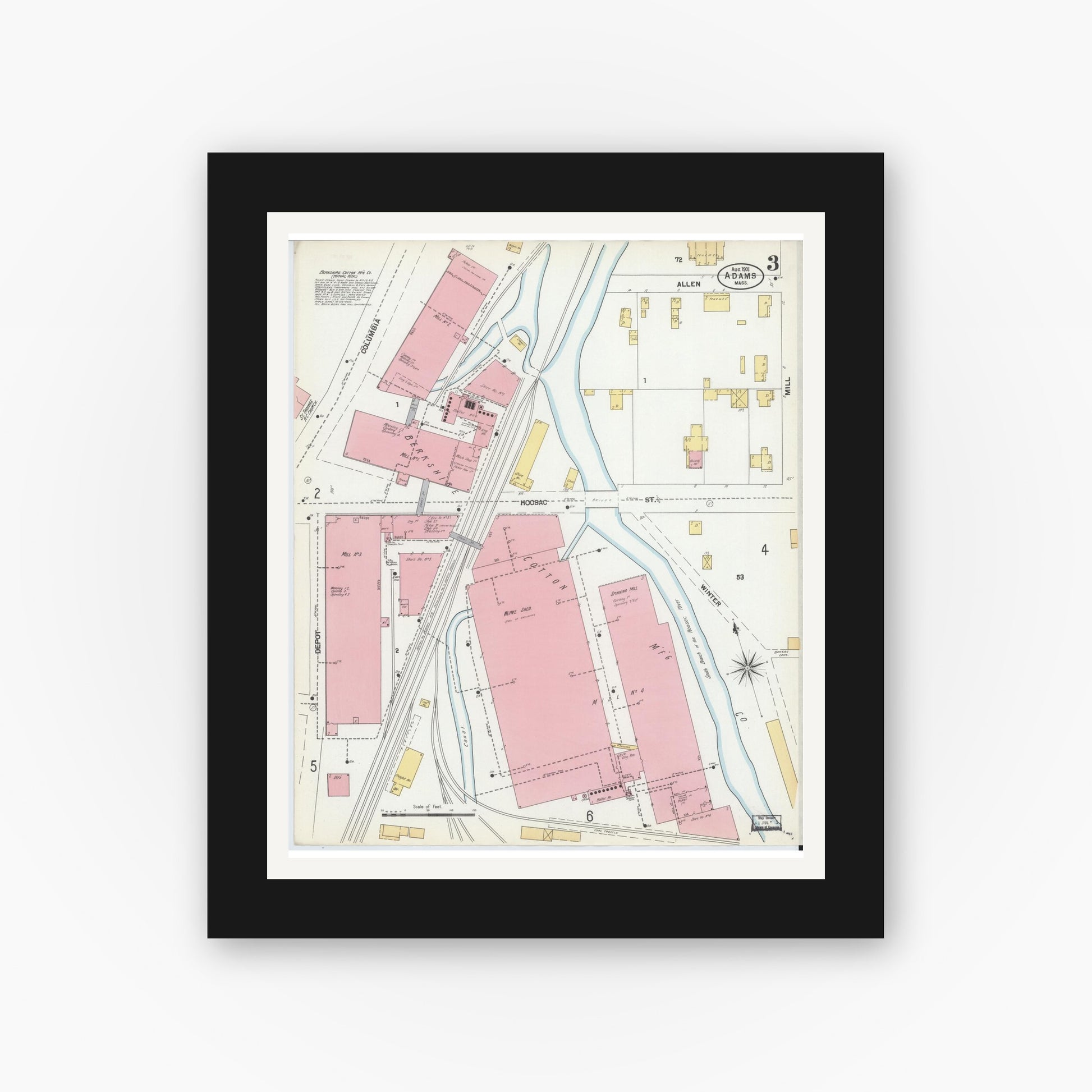 Old map wall art mockup — black gallery frame with white mat — Sanborn Fire Insurance Map from Adams, Berkshire County, Massachusetts (1901), Sheet #0003