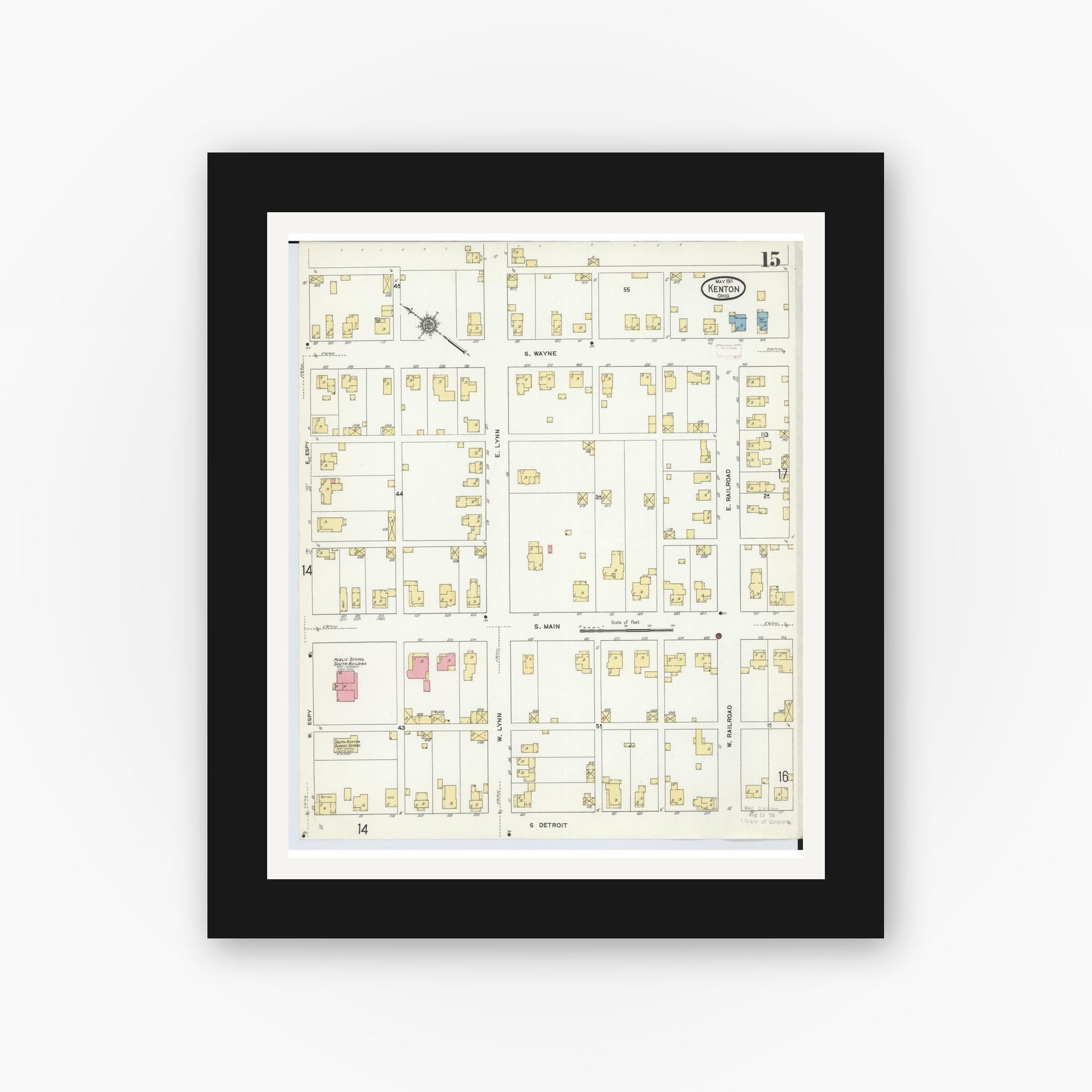 Old map wall art mockup — black gallery frame with white mat — Sanborn Fire Insurance Map from Kenton, Hardin County, Ohio (1911), Sheet #0015