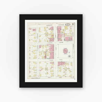 Old map wall art mockup — black gallery frame with white mat — Sanborn Fire Insurance Map from Rochester, Fulton County, Indiana (1895), Sheet #0002