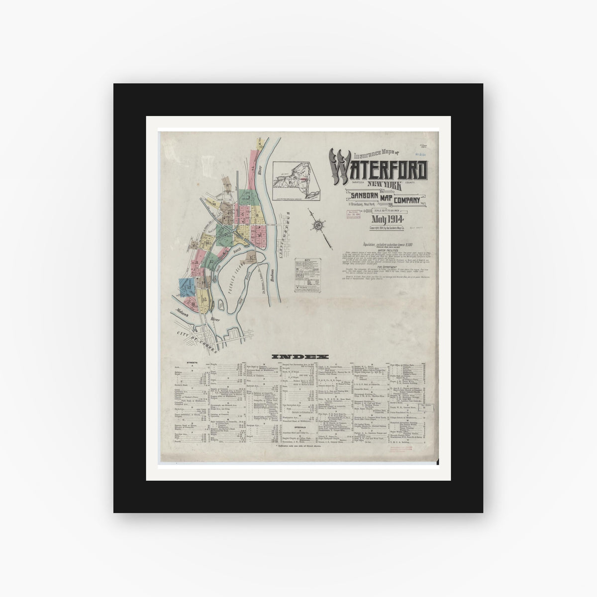 Old map wall art mockup — black gallery frame with white mat — Sanborn Fire Insurance Map from Waterford, Saratoga County, New York (1914) - Complete Map Set