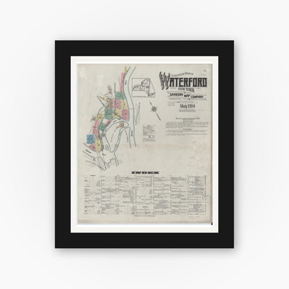 Old map wall art mockup — black gallery frame with white mat — Sanborn Fire Insurance Map from Waterford, Saratoga County, New York (1914) - Complete Map Set