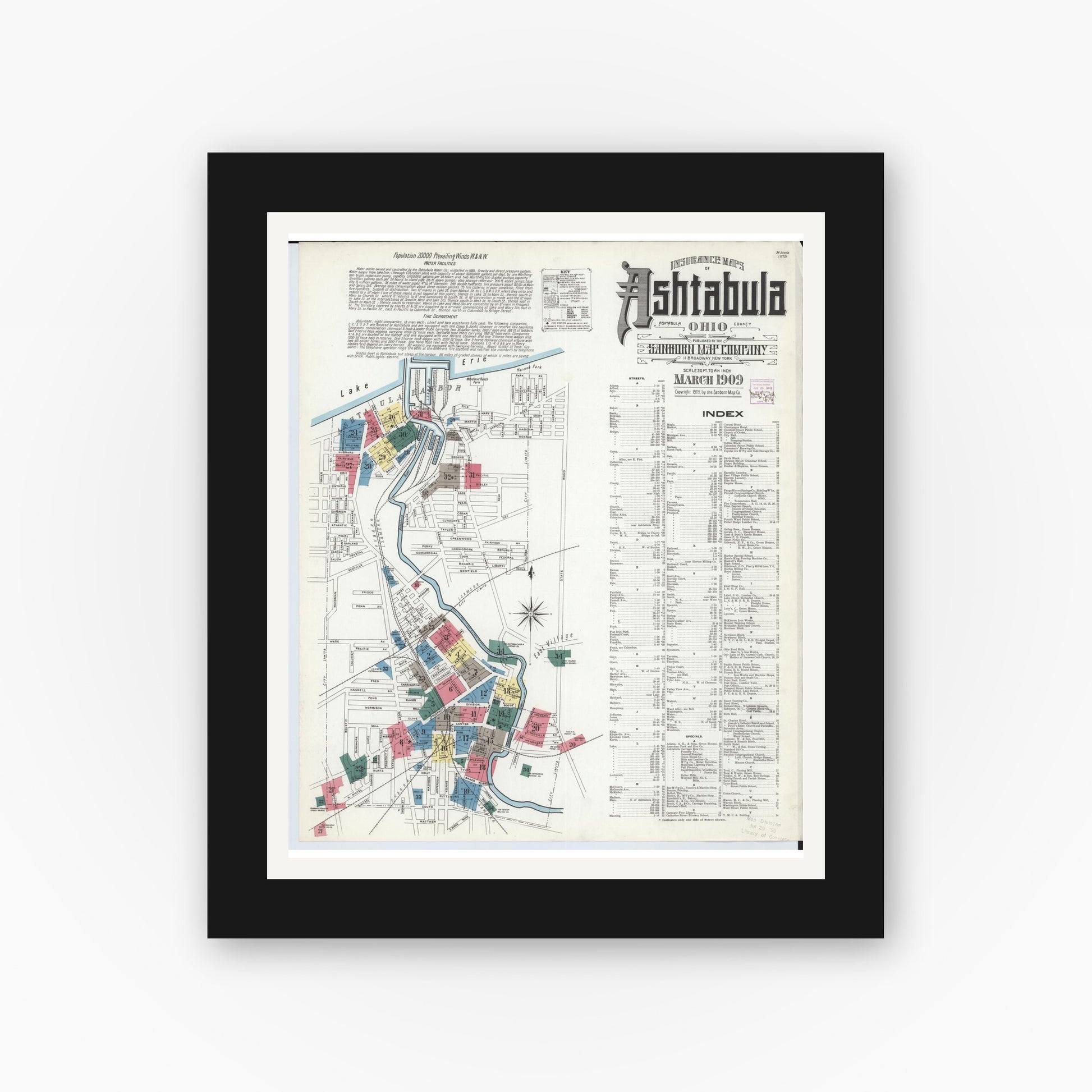 Old map wall art mockup — black gallery frame with white mat — Sanborn Fire Insurance Map from Ashtabula, Ashtabula County, Ohio (1909) - Complete Map Set