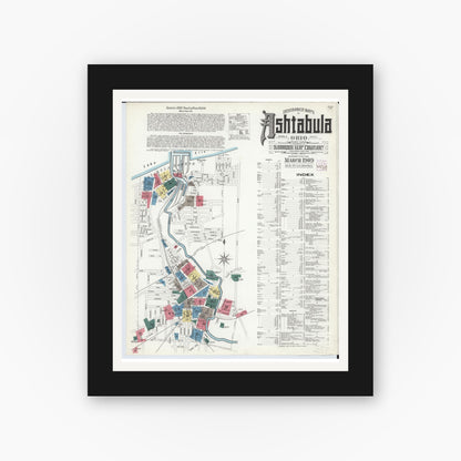 Old map wall art mockup — black gallery frame with white mat — Sanborn Fire Insurance Map from Ashtabula, Ashtabula County, Ohio (1909) - Complete Map Set