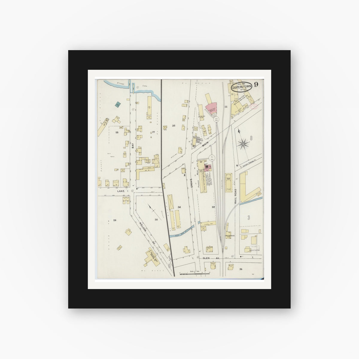 Old map wall art mockup — black gallery frame with white mat — Sanborn Fire Insurance Map from Cooperstown, Otsego County, New York (1894), Sheet #0009