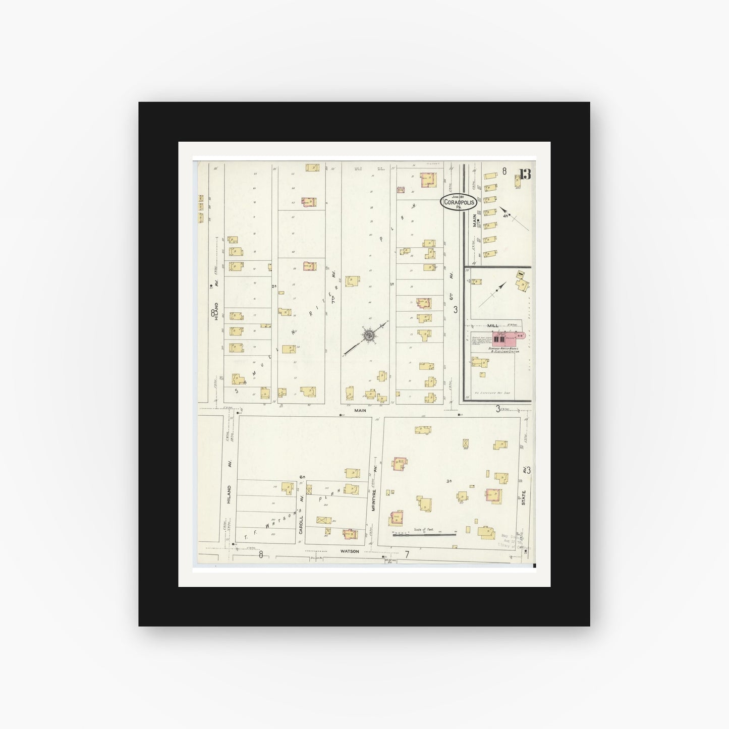 Old map wall art mockup — black gallery frame with white mat — Sanborn Fire Insurance Map from Coraopolis, Allegheny County, Pennsylvania (1911), Sheet #0013