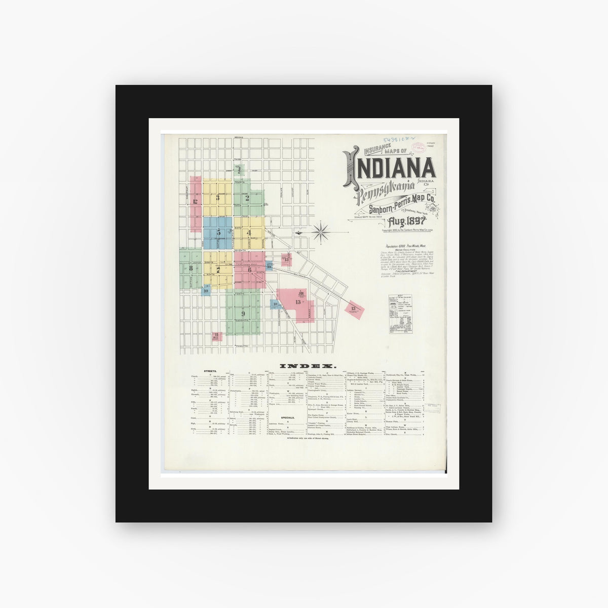 Old map wall art mockup — black gallery frame with white mat — Sanborn Fire Insurance Map from Indiana, Indiana County, Pennsylvania (1888) - Complete Map Set