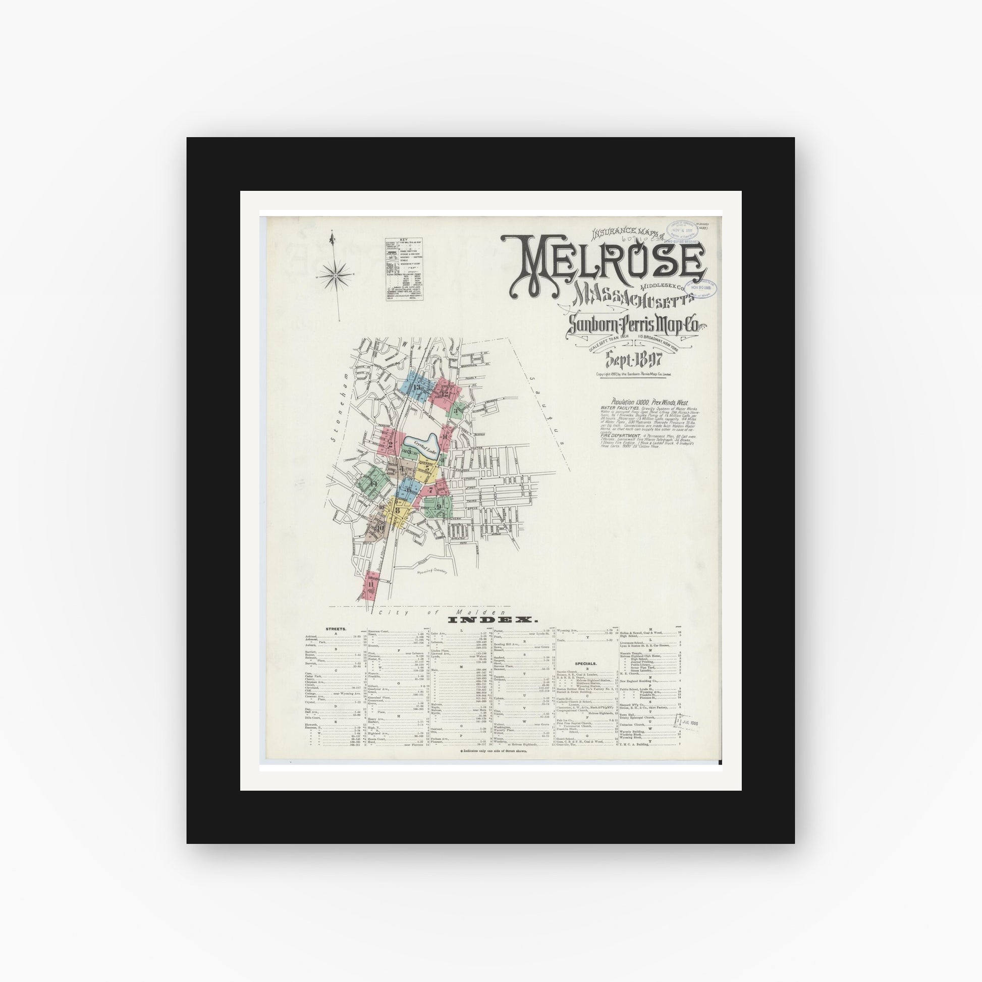 Old map wall art mockup — black gallery frame with white mat — Sanborn Fire Insurance Map from Melrose, Middlesex County, Massachusetts (1897) - Complete Map Set
