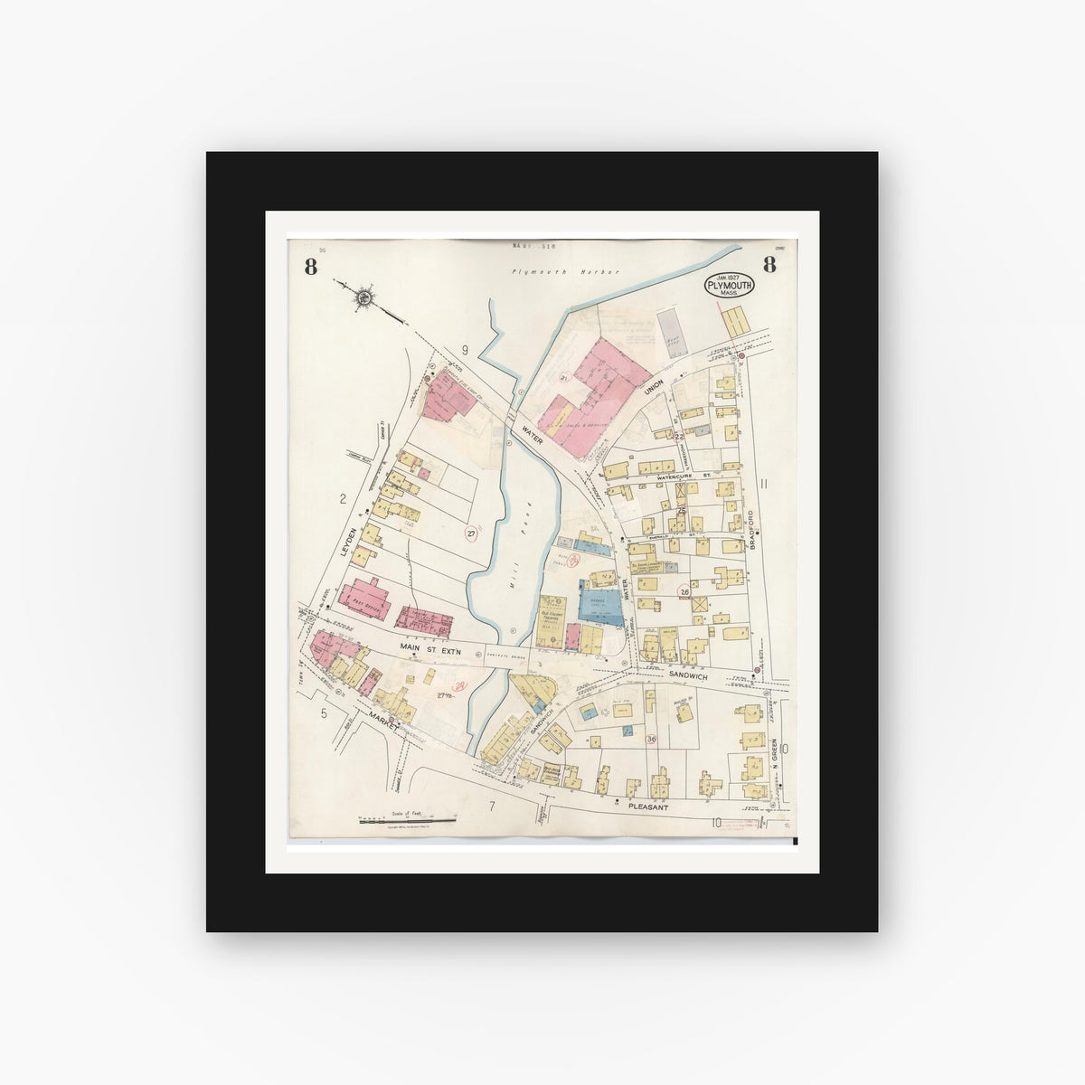Old map wall art mockup — black gallery frame with white mat — Sanborn Fire Insurance Map from Plymouth, Plymouth County, Massachusetts (1948), Sheet #0008