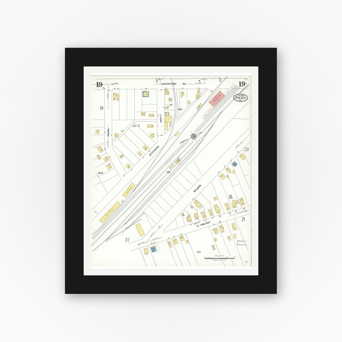 Old map wall art mockup — black gallery frame with white mat — Sanborn Fire Insurance Map from Oneida, Madison County, New York (1923), Sheet #0019