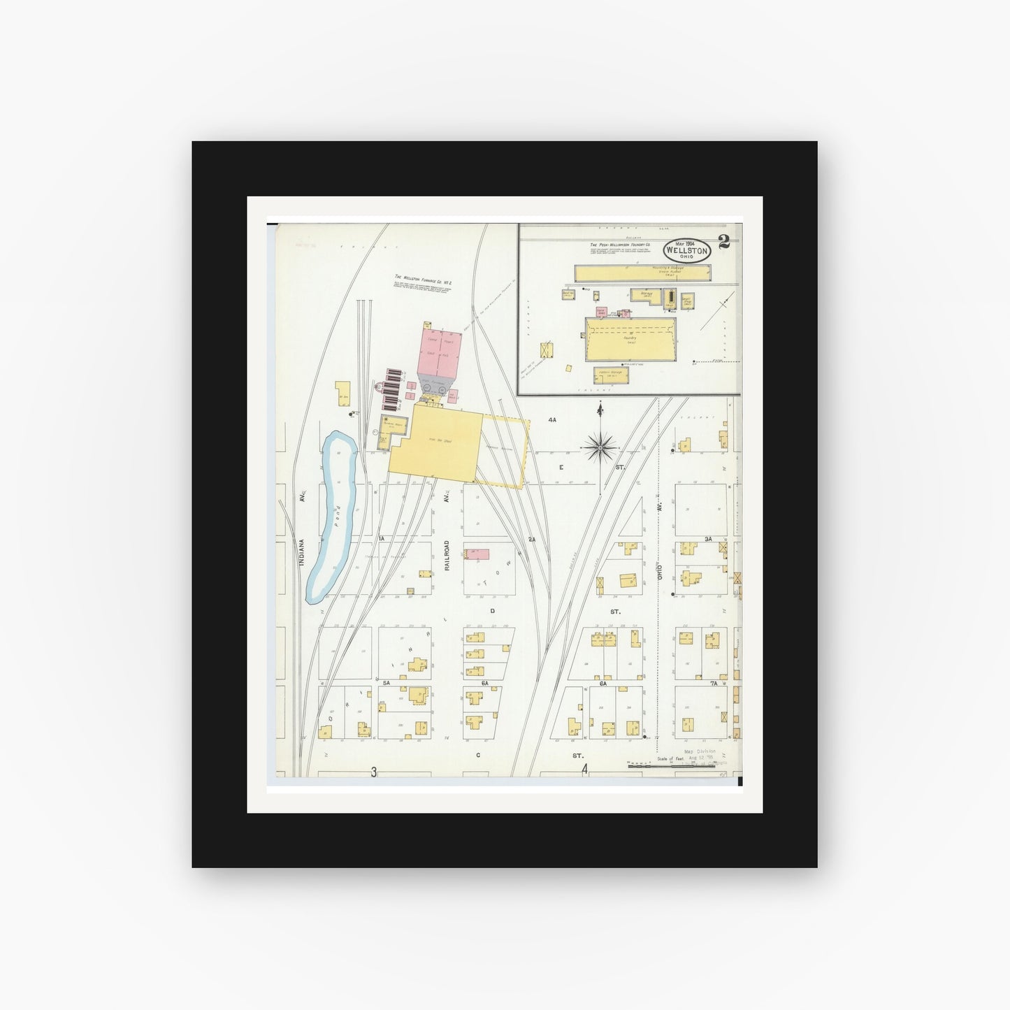 Old map wall art mockup — black gallery frame with white mat — Sanborn Fire Insurance Map from Wellston, Jackson County, Ohio (1904), Sheet #0002