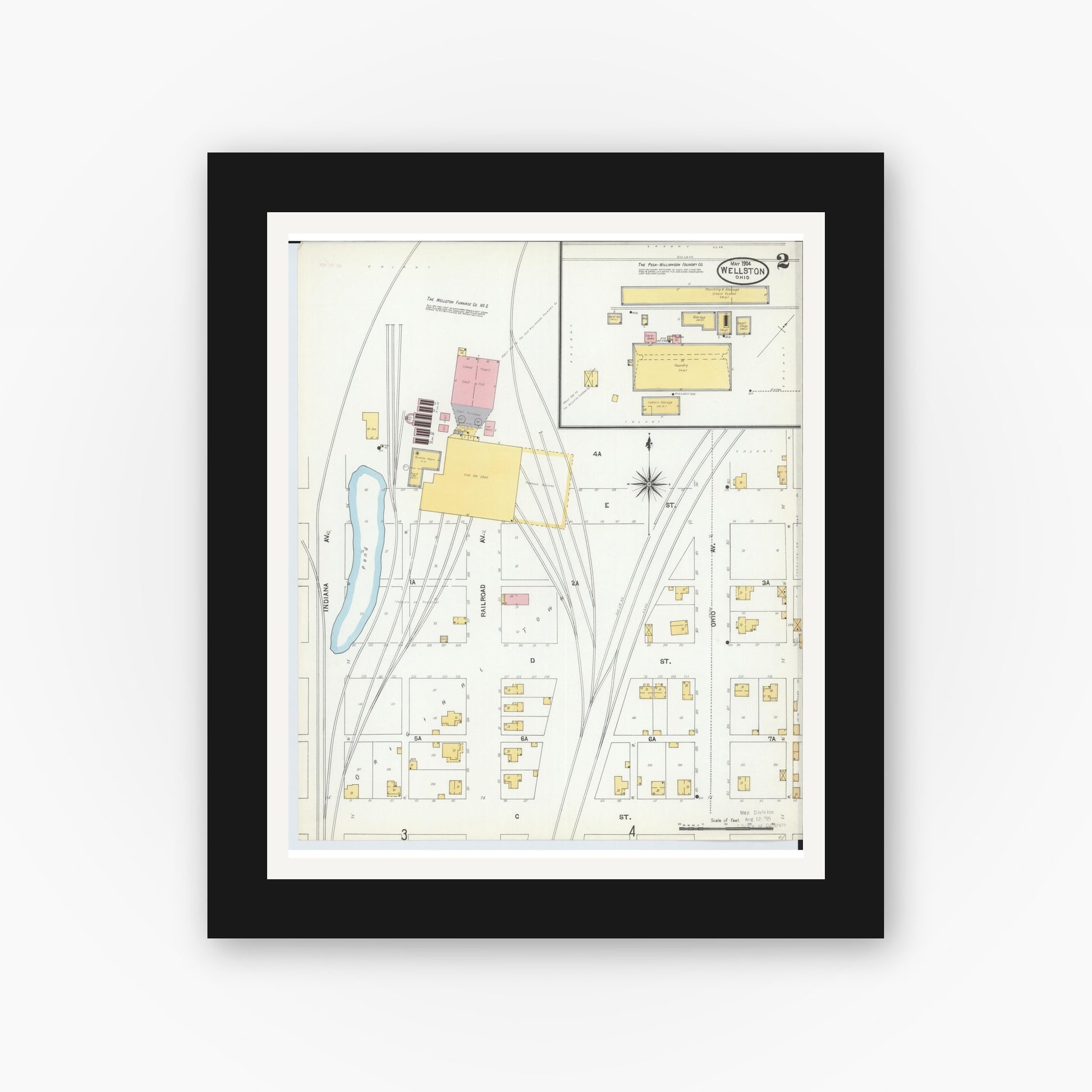Old map wall art mockup — black gallery frame with white mat — Sanborn Fire Insurance Map from Wellston, Jackson County, Ohio (1904), Sheet #0002