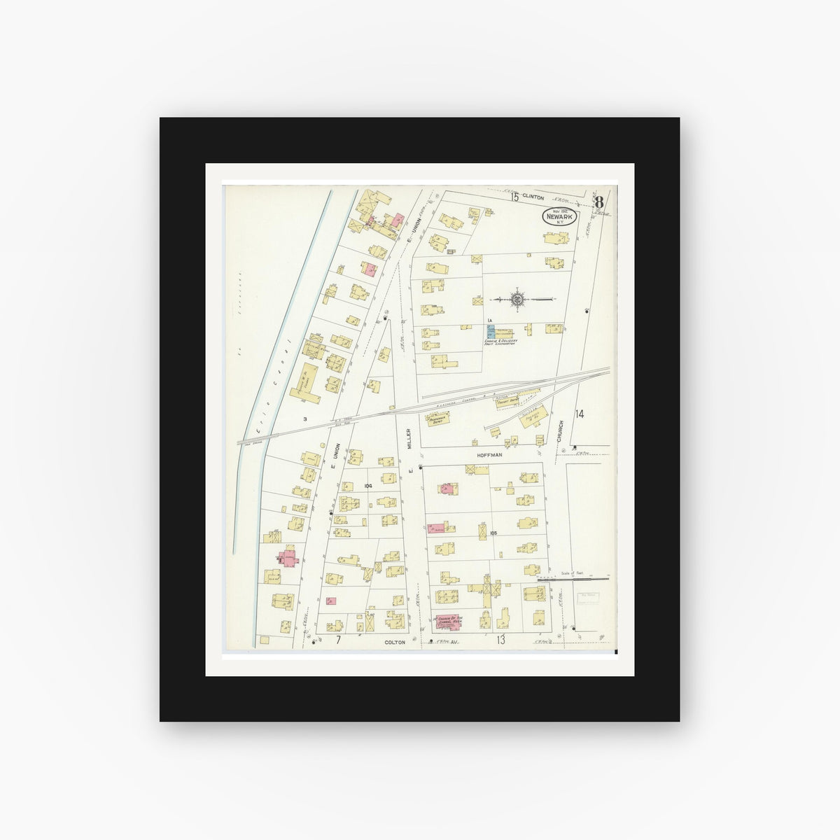 Old map wall art mockup — black gallery frame with white mat — Sanborn Fire Insurance Map from Newark, Wayne County, New York (1912), Sheet #0008